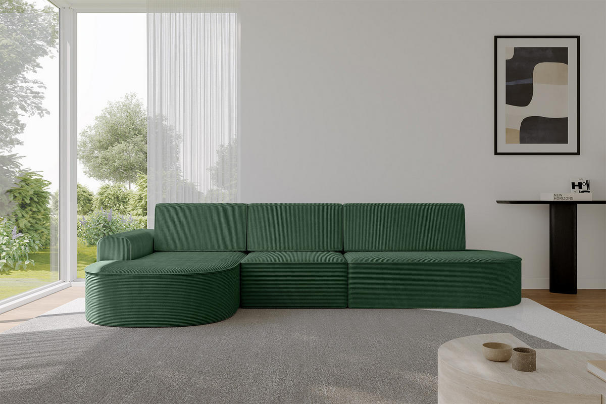 ECKSOFA mit Schlaffunktion Ottomane Links MARI L2-S 368X167X85 Grün Cord - Dunkelgrün/Schwarz, Holzwerkstoff/Kunststoff (368/167cm) - ALTDECOR