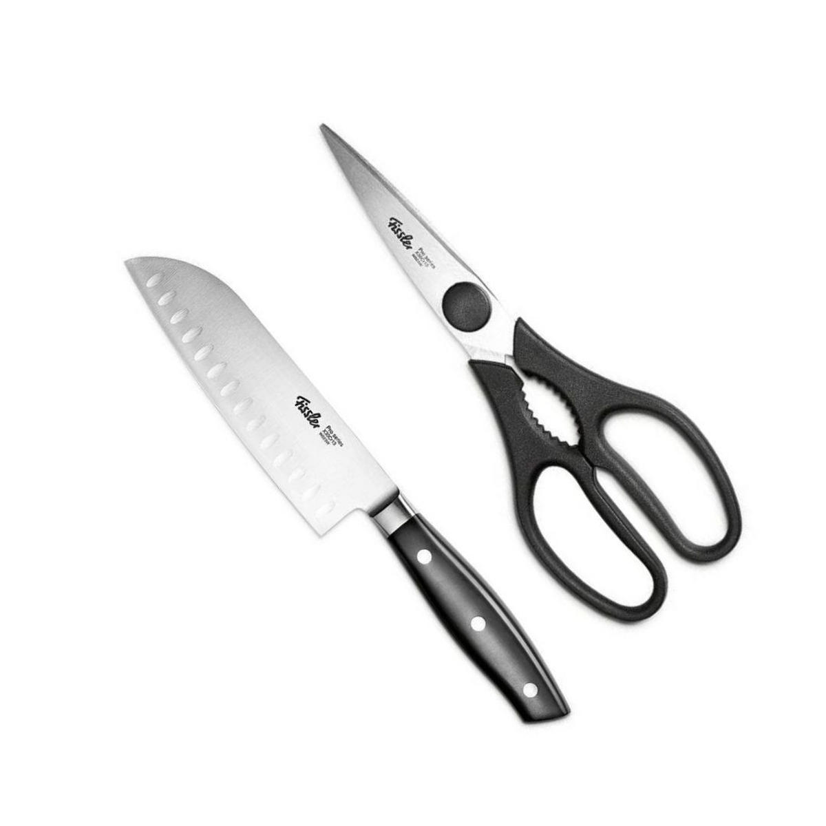 KÜCHENMESSER SET 2-tlg Schwarz, Santokumesser 130 mm, Küchenschere, Edelstahl, Schneidemesser, Küchenzubehör, Profi Messer, Klingenstahl, Kochbedarf - Silberfarben/Schwarz, Kunststoff/Metall - Fissler