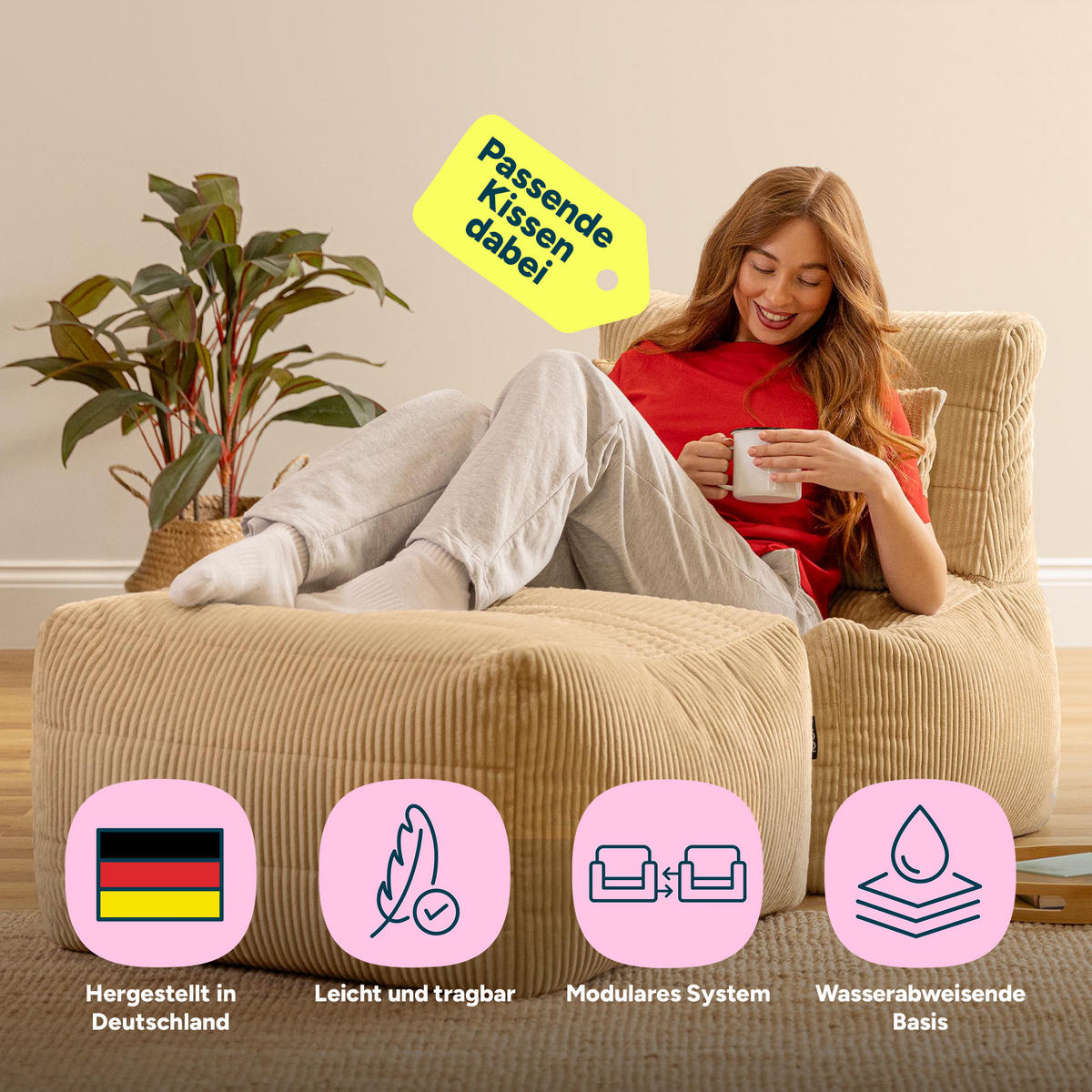 SITZSACK-SOFA 2-tlg. modular cord Noa - Beige, Textil (143/70/78cm) - icon