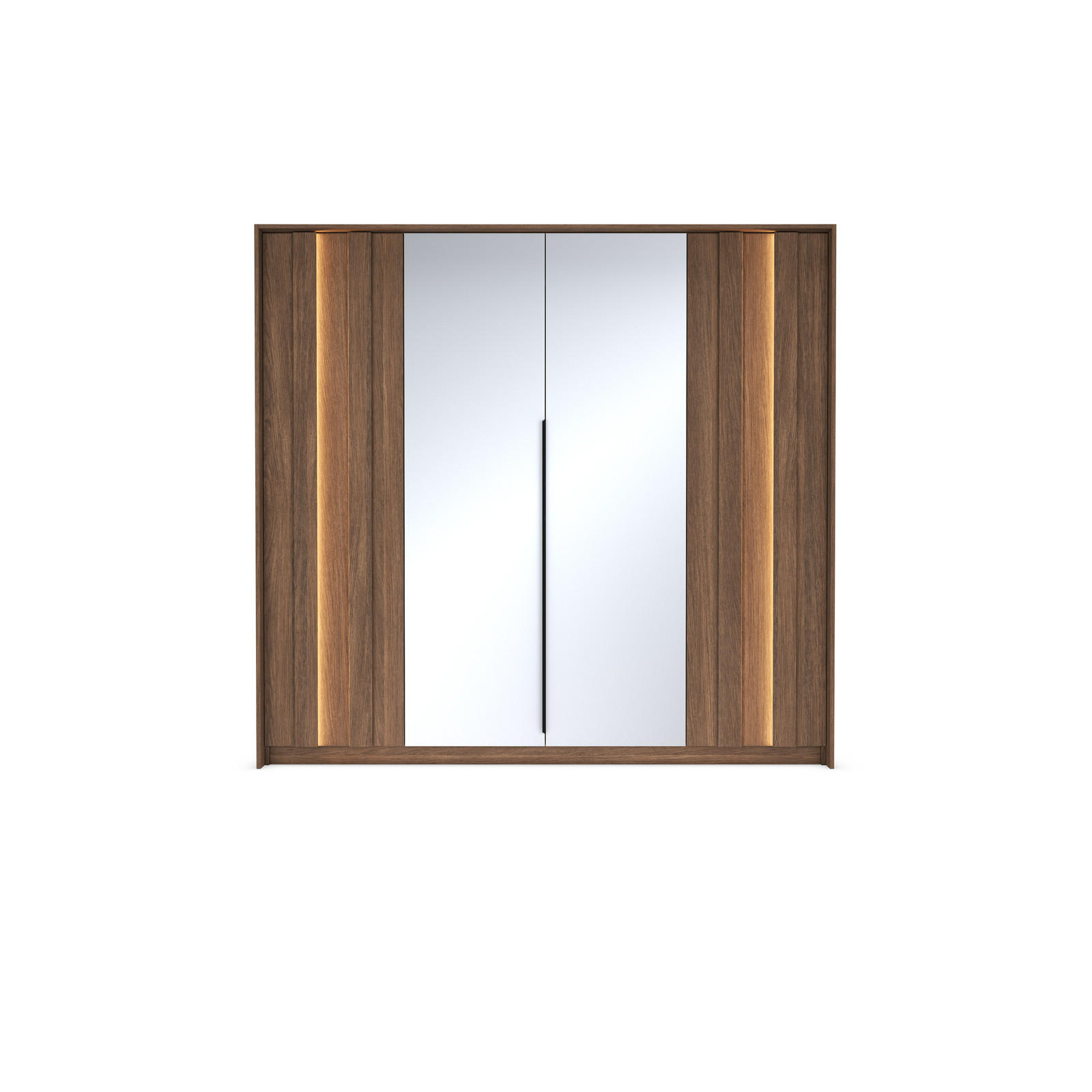 KLEIDERSCHRANK LUPO 223 cm Eiche Dunin - mit 4 Türen, Spiegel und LED-Beleuchtung - Eichefarben/Schwarz, Holz/Holzwerkstoff (223/210/60cm) - Ravio