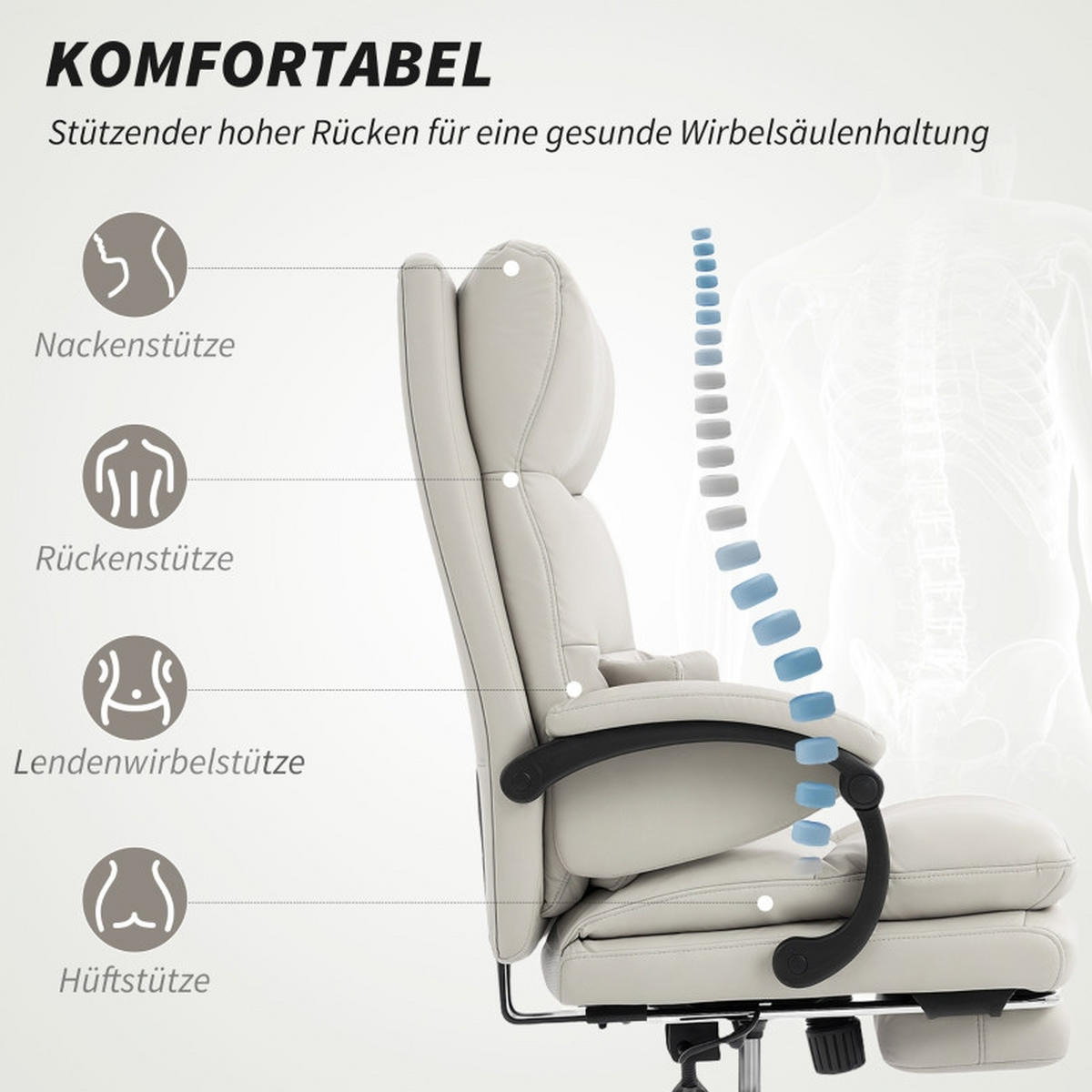 GAMINGSTUHL 66/60/113-121 cm, höhenverstellbar und neigbar, mit Fußstütze, Kunstleder, hellgrau - Hellgrau, Kunststoff (60/121/66cm) - Redom