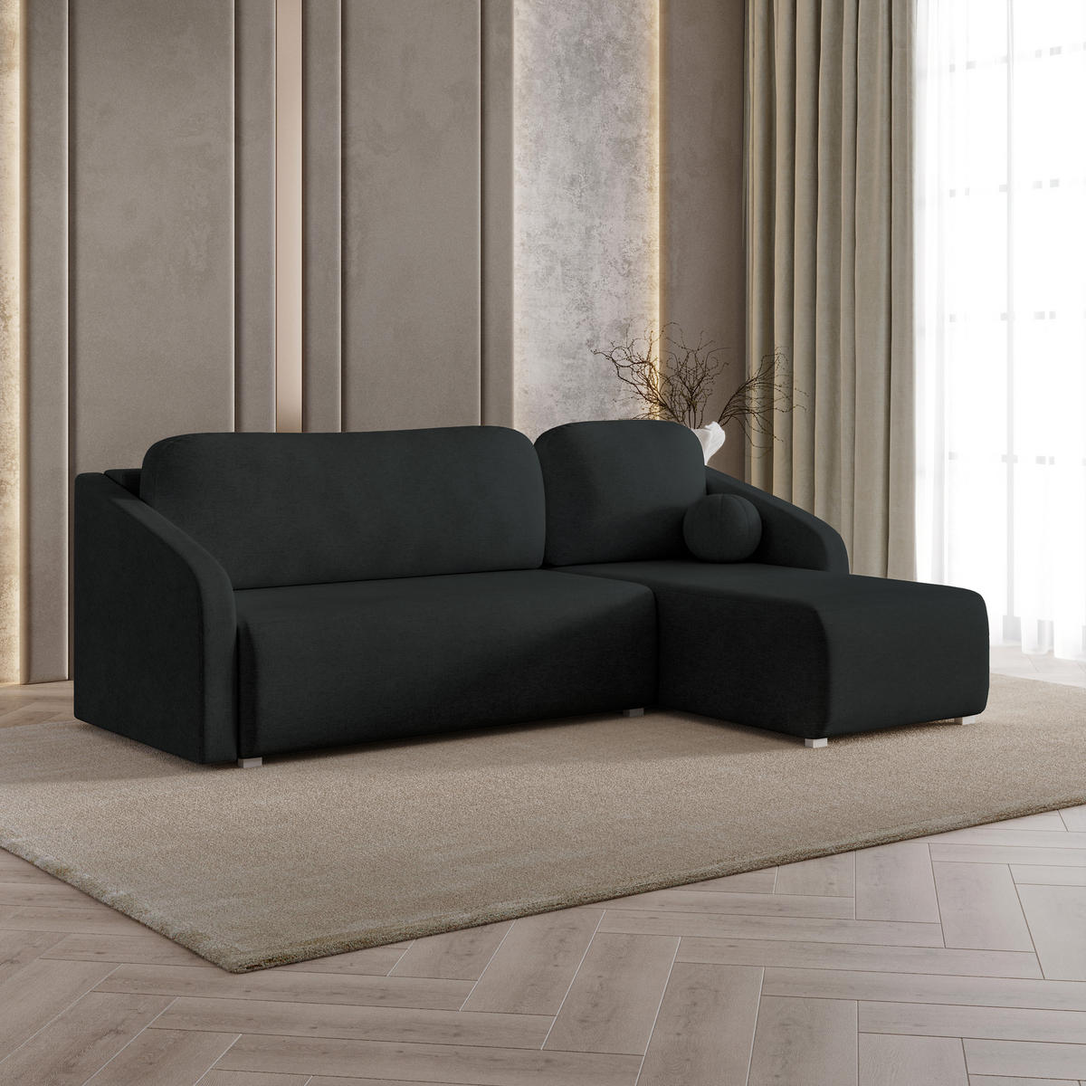 ECKSOFA MARELLO Schwarz Geflochtener Stoff mit Schlaffunktion - Schwarz, Holz (220/143cm) - MASSENO