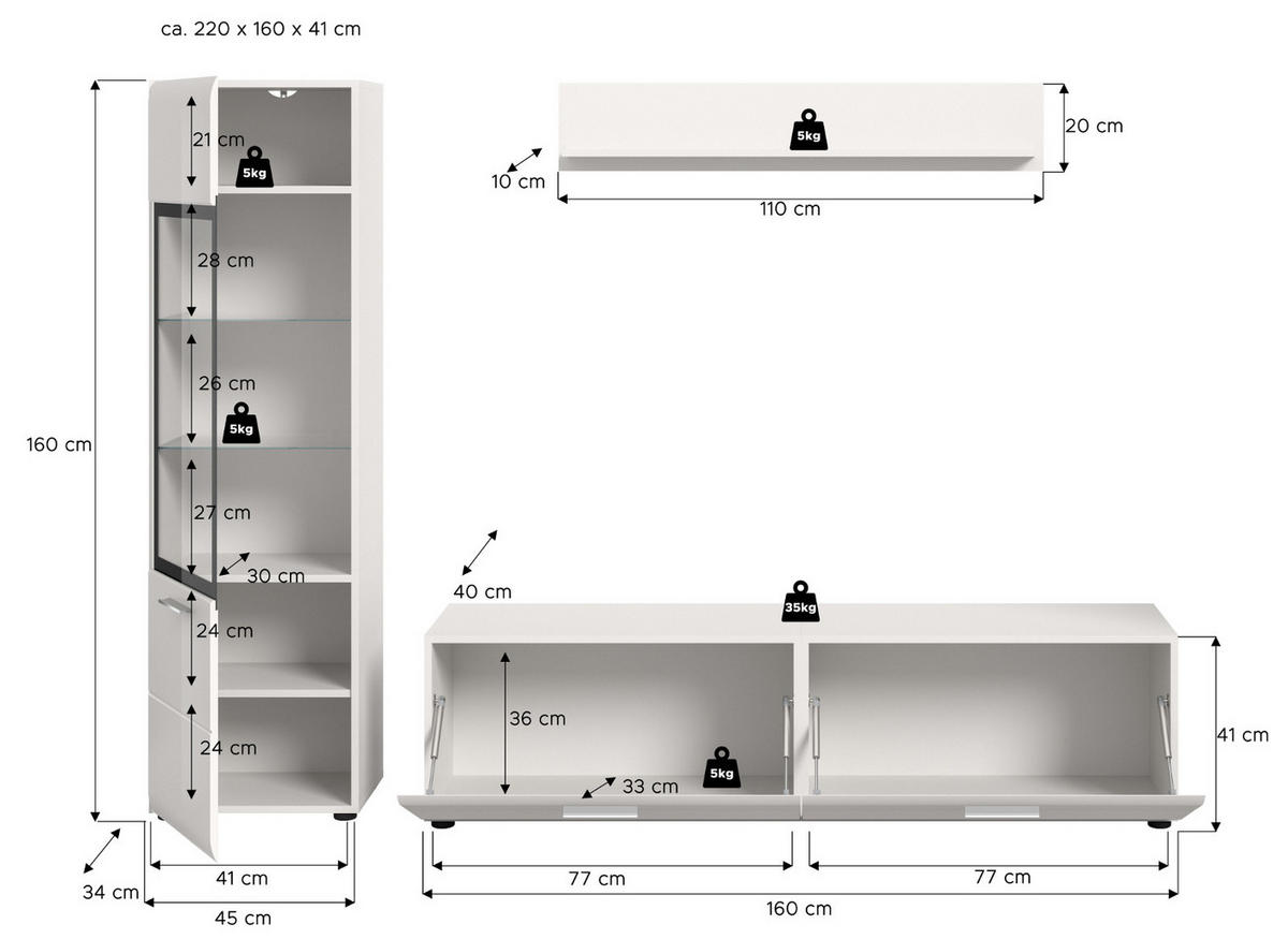 WOHNWAND weiß Hochglanz 3-teilig 220 cm, Schrankwand mit viel Stauraum - Weiß Hochglanz/Silberfarben, Glas/Holzwerkstoff (220/160/41cm) - Inn.Furn