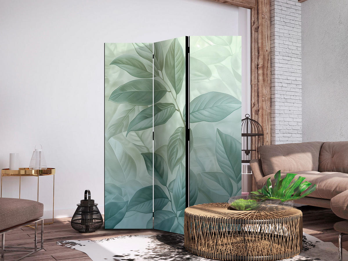 PARAVENT Einseitig Bedruckter 3-tlg 135x172 cm Natur Bl tter - Blau, Holz/Textil (135/172/3cm) - Muralo
