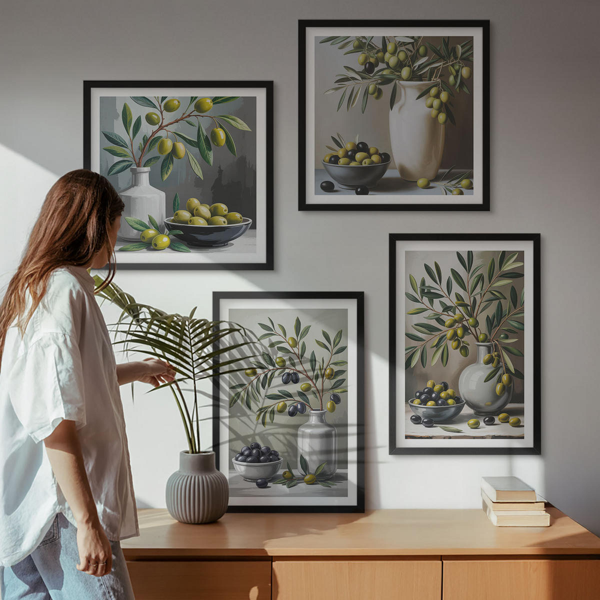 BILDER SET 4er Set - 50x50 cm & 40x60 cm Schwarzer Rahmen - Oliven in Keramikgrau - Schwarz, Kunststoff (50/50cm) - TULUP