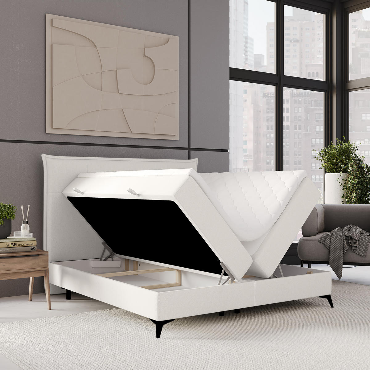 BOXBETT Menzzo Creme 200/200 cm mit Matratze und Topper - Creme/Schwarz, Holz/Holzwerkstoff (200/200cm) - Maison de Reve