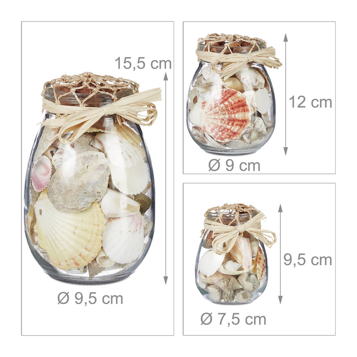 3XMUSCHELDEKO - Multicolor, Glas/Naturmaterialen (15.5cm) - Relaxdays