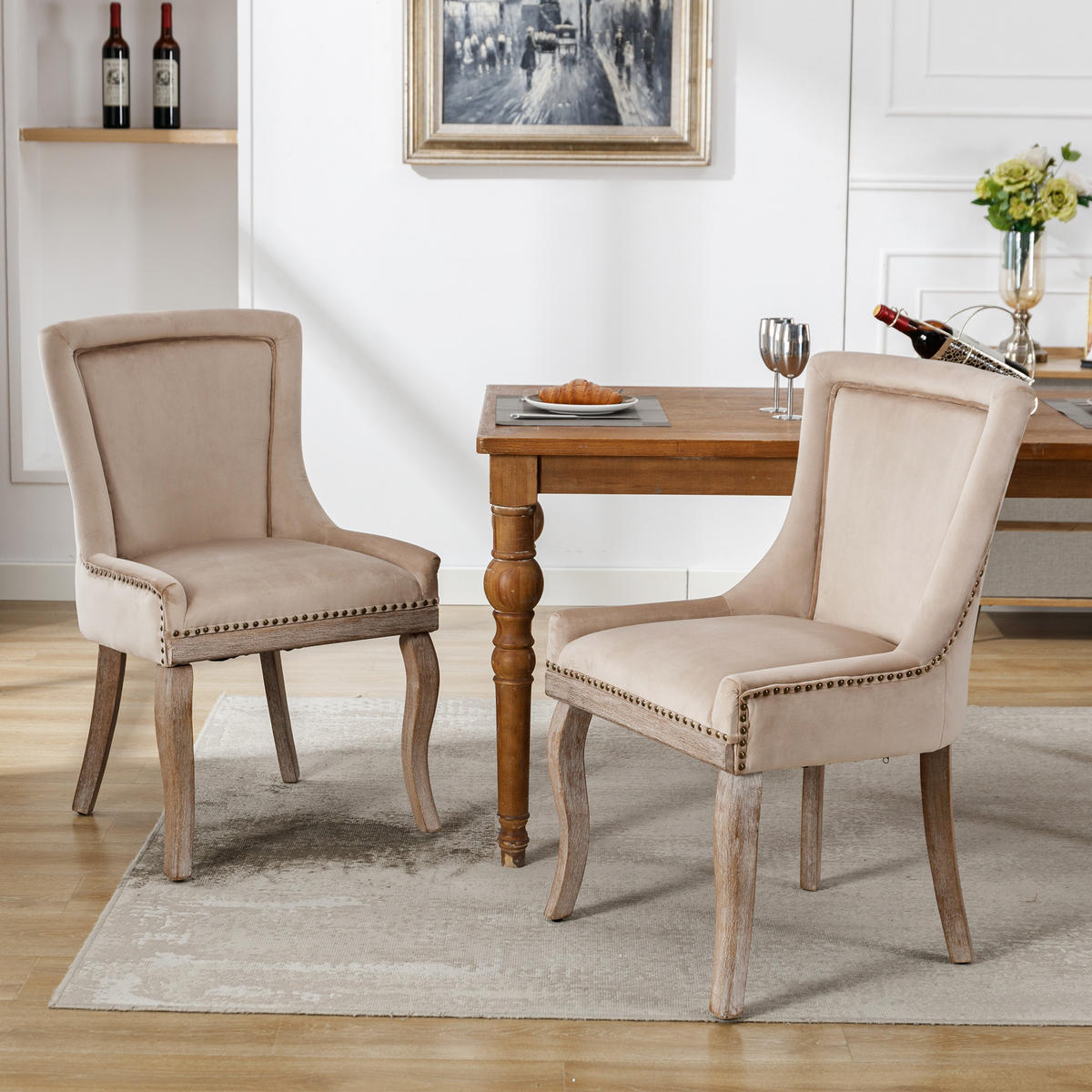 WOHNZIMMER STÜHLE mit Polsterung, Nagelkopfbesatz und Massivholzbeinen, Beige - Beige, Textil (55/91/61cm) - EVRYAE