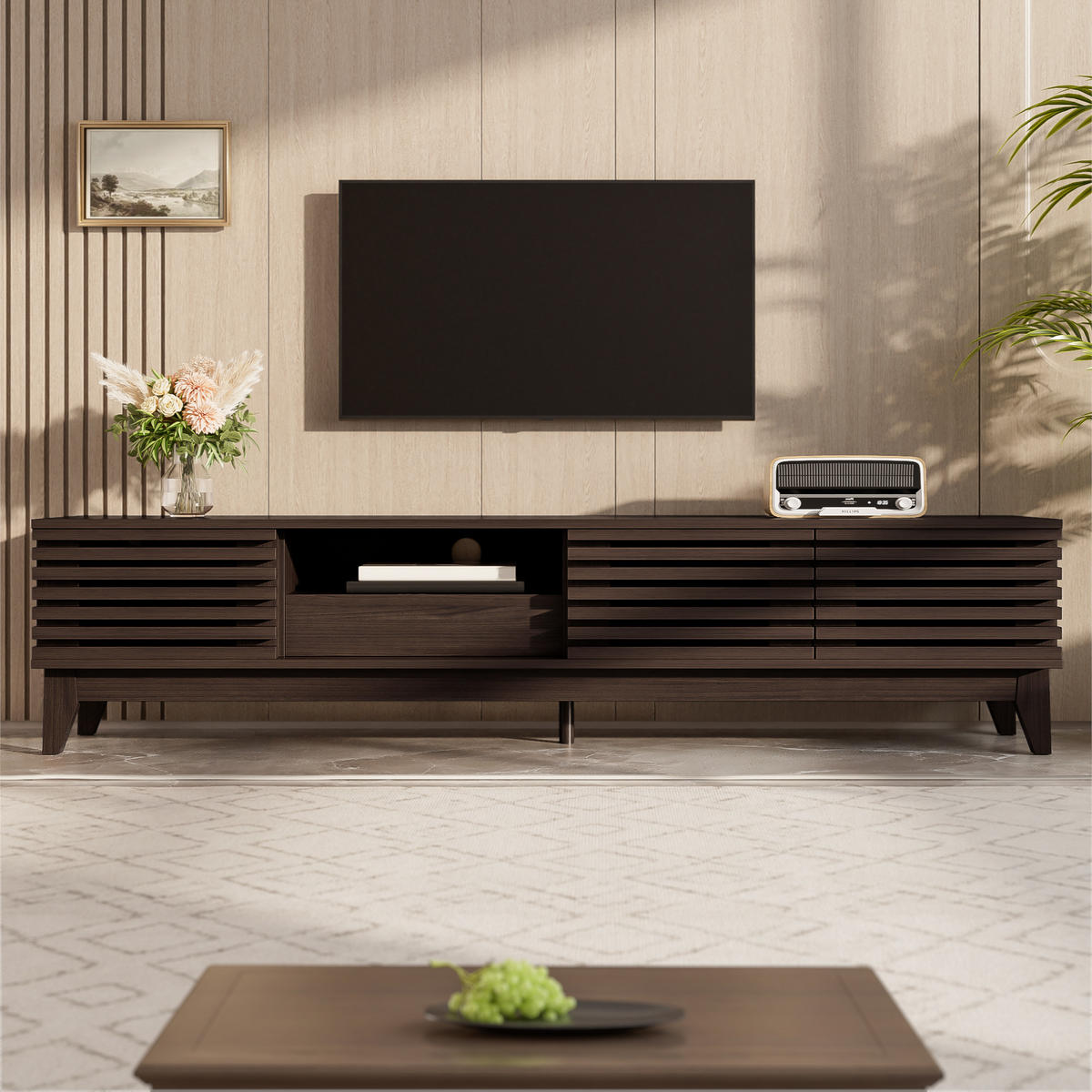 TV-LOWBOARD aus Holzwerkstoff 170x35x40 cm Natur mit 3 Türen, 1 Schublade und Kabeldurchführung im Vintage-Lamellendesign - Naturfarben, Holzwerkstoff (170/40/35cm) - Modfu