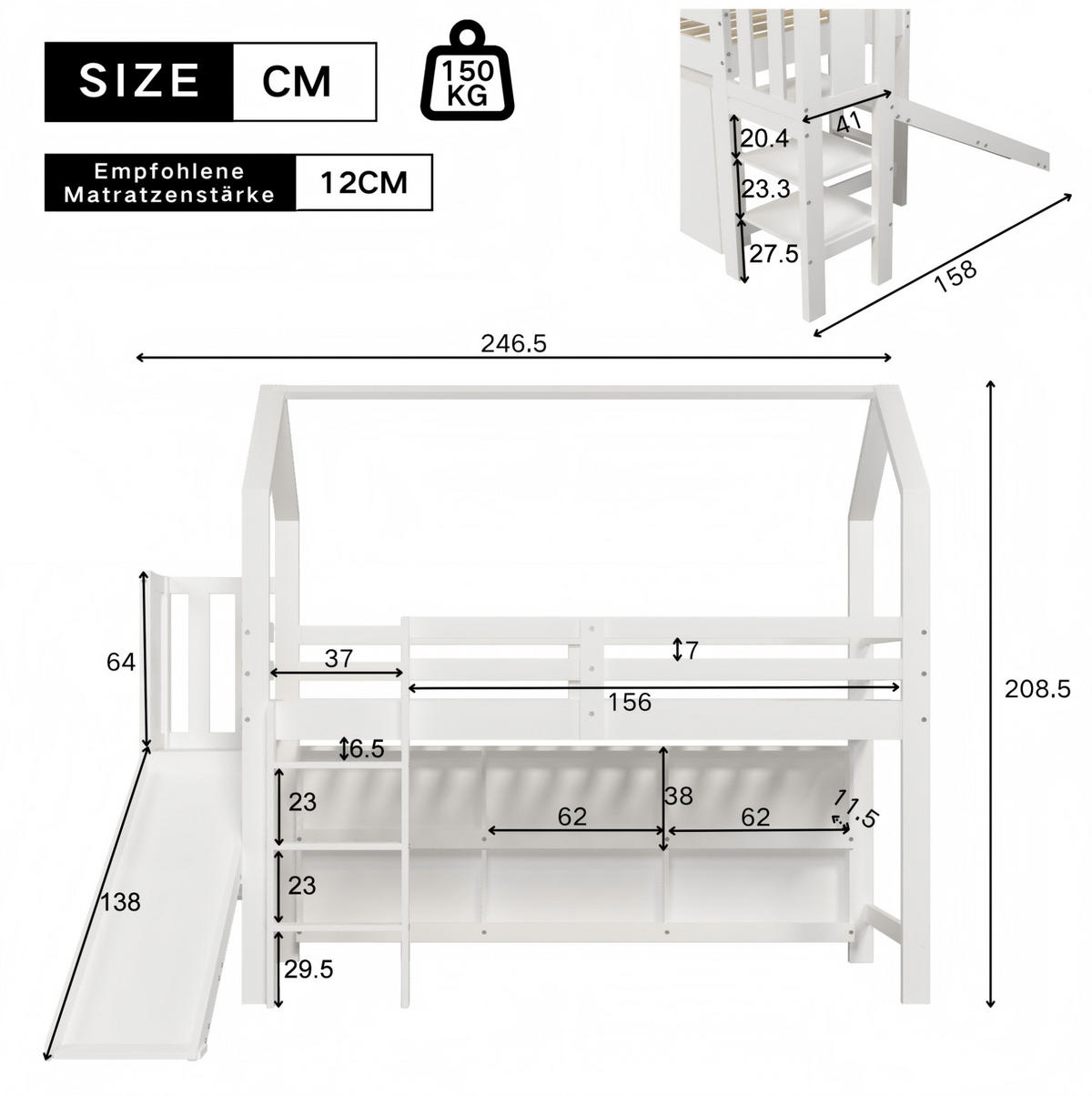 HAUSBETT 90/200 cm Weiß aus Massivholz und MDF mit Rutsche und Stauraum - Weiß, Holz (90/200cm) - OKMYHOME
