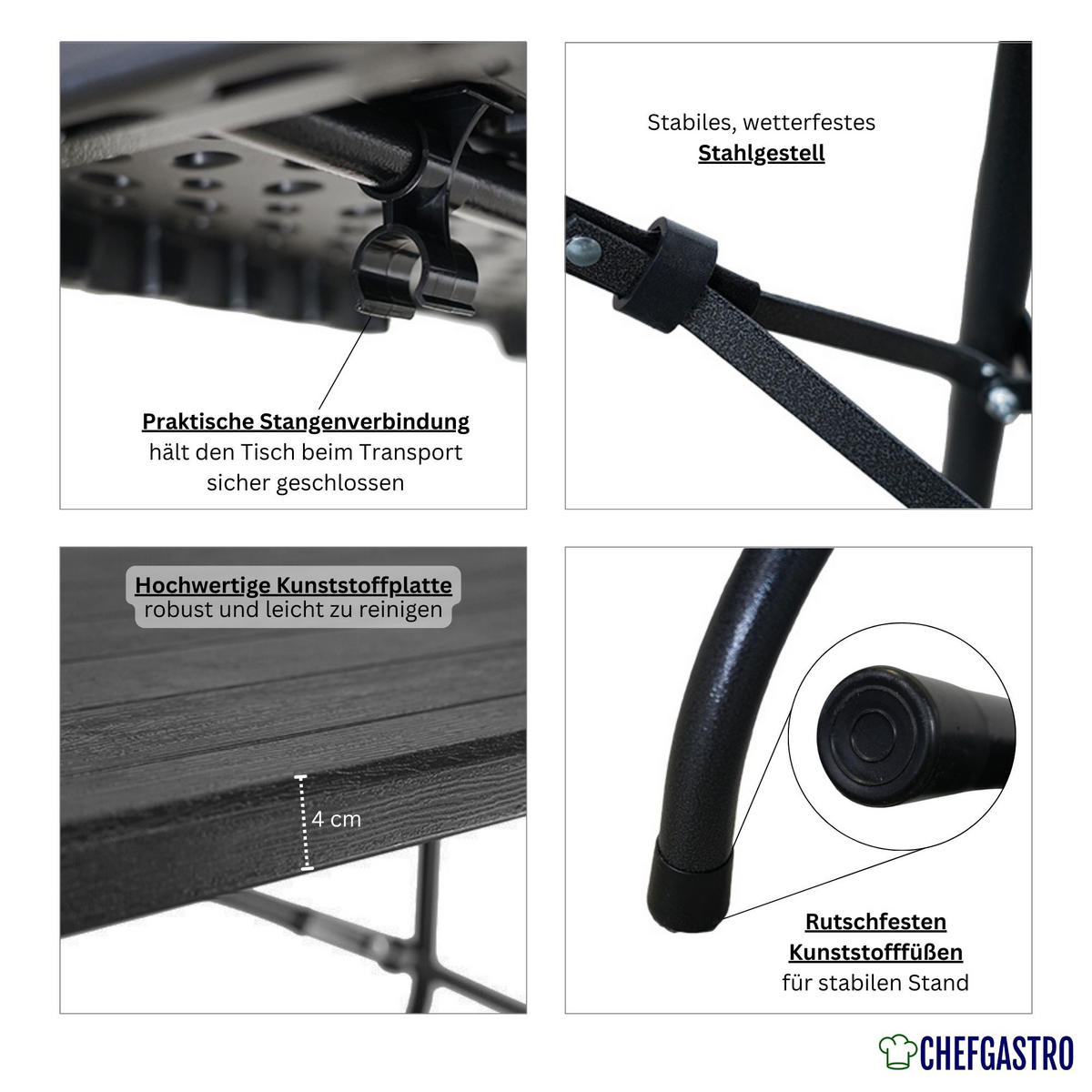 BUFFETTISCH klappbar 180x74cm 8 Personen Kunststoff Holz Optik Schwarz - Schwarz, Kunststoff (74/180/74cm) - CHEFGASTRO