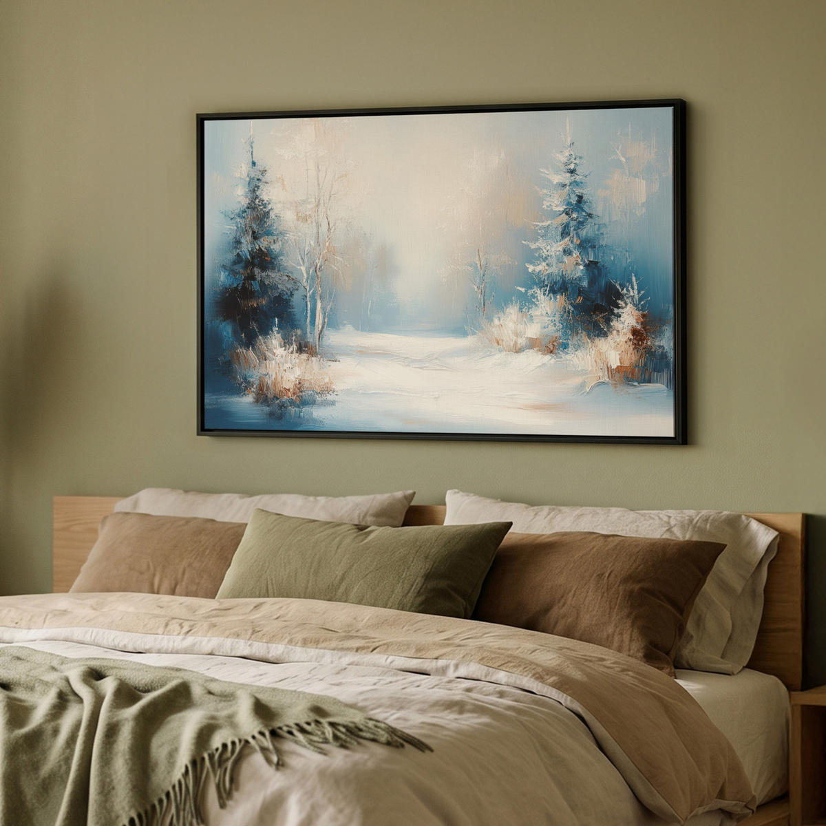 LEINWAND Bilder mit Rahmen - Wald – Winter – Natur – Abstrakt – Schnee - 90x60 - Weiß, Textil (90/60cm) - MuchoWow