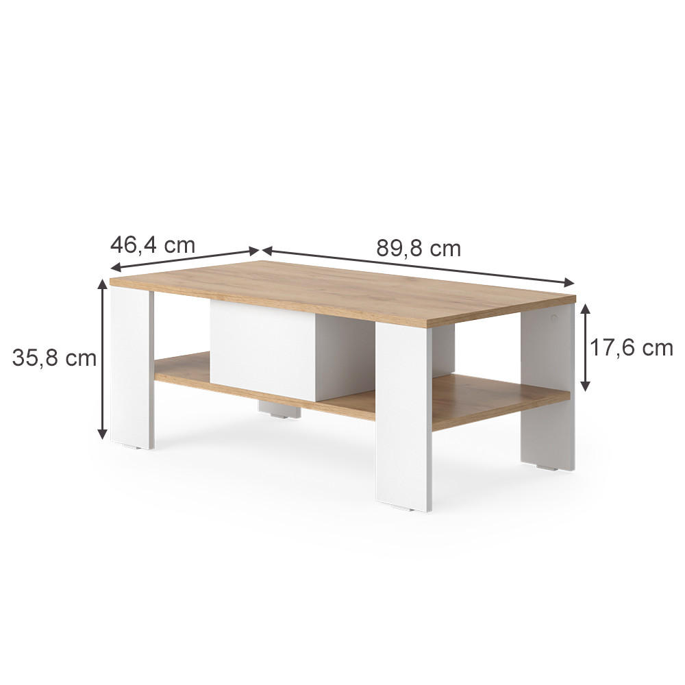COUCHTISCH Wilmut Goldkraft Eiche/Weiß 89.8 x 46.4 cm mit Schublade - Honigeiche/Weiß, Holzwerkstoff (46.4/89.8/35.8cm) - Vicco