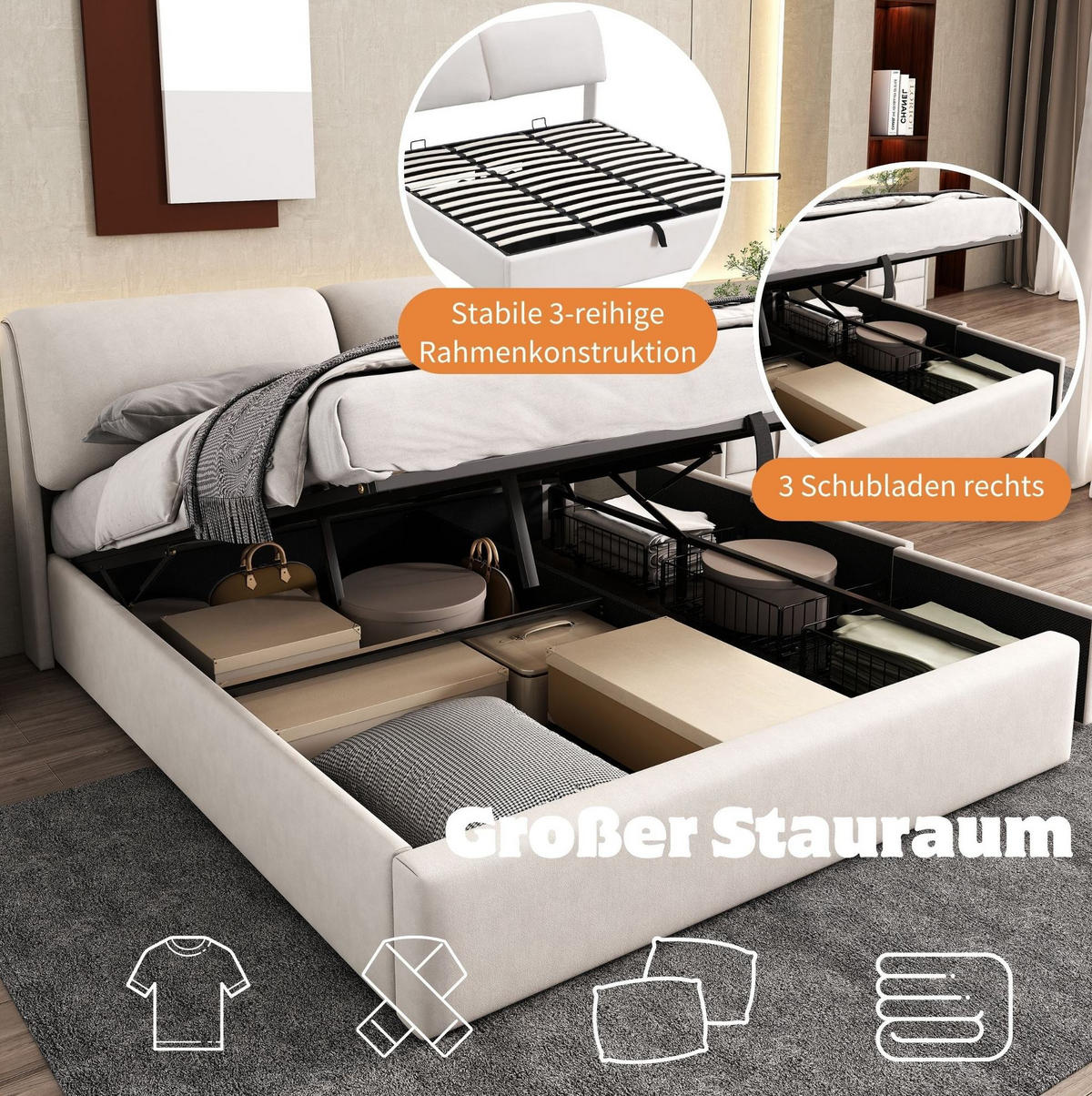 POLSTERBETT 180/200 cm Beige aus Samt mit Bettkasten - Beige, Textil (180/200cm) - OKMYHOME