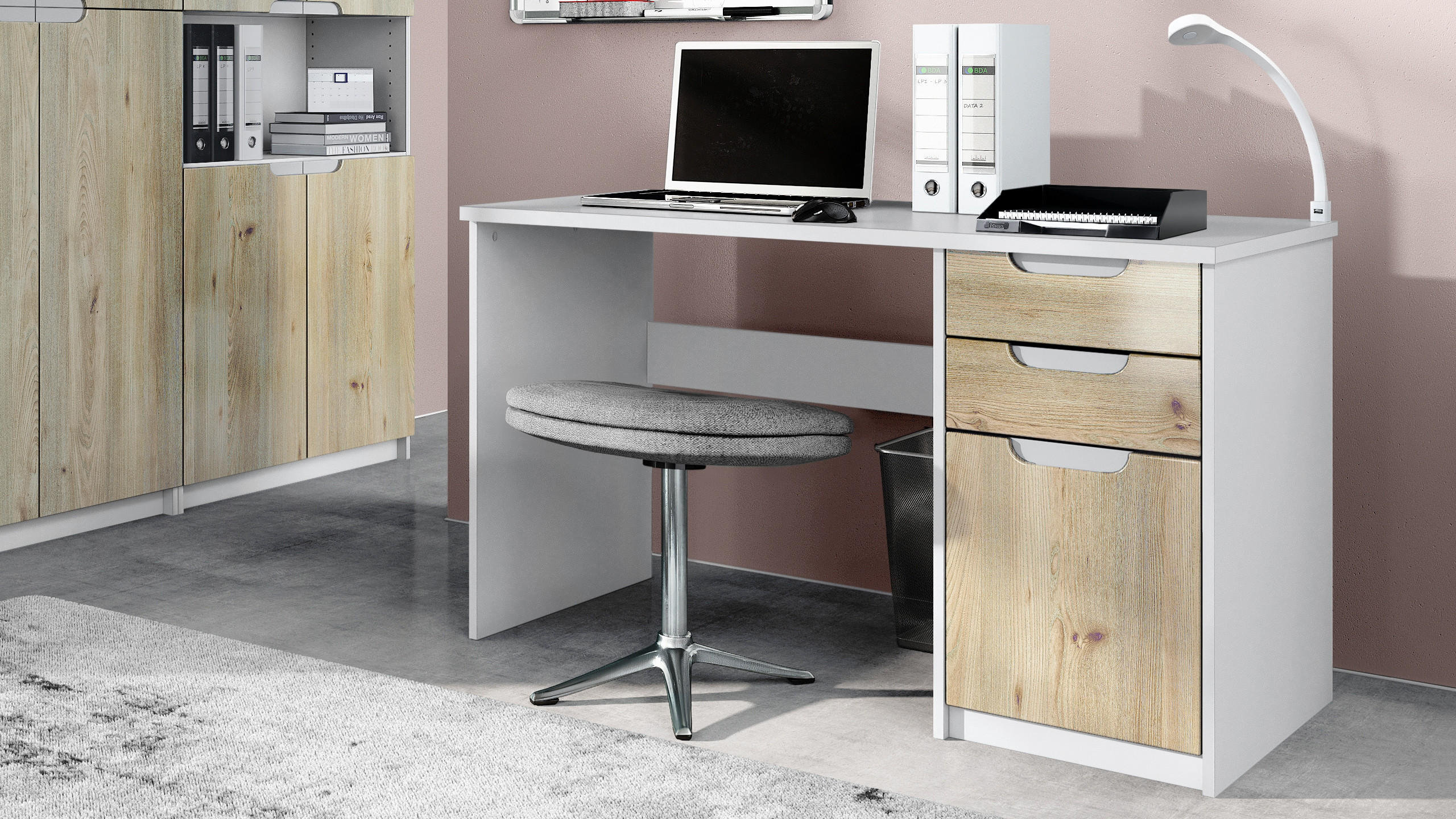 SCHREIBTISCH Logan Fronten in Eiche Nordic - Silbereichenfarben, Holzwerkstoff (60/129/76cm) - Vladon
