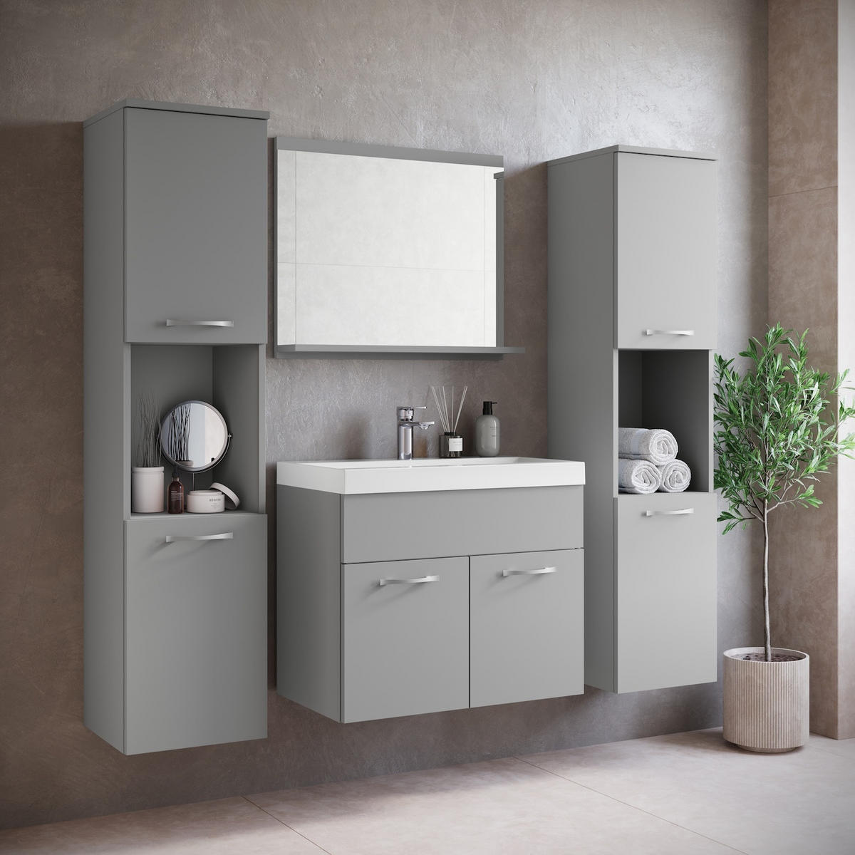 BADMÖBEL-SET Montreal 5 Teile Grau Matt - 60 x 35 x 51 cm - Grau, Holz (60/51/35cm) - Badplaats