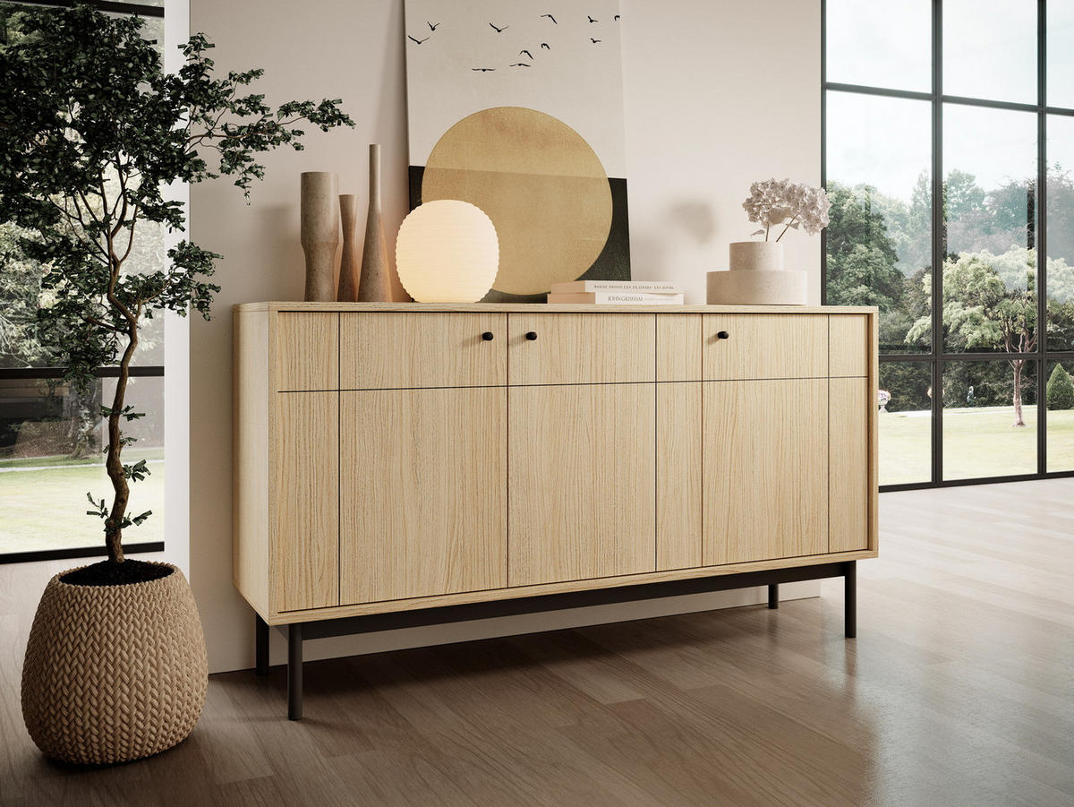 KOMMODE 154 cm Lunaris, 3 Türen auf Beinen, Eiche Linea - Eichefarben, Holz (154/84/39cm) - Emporius