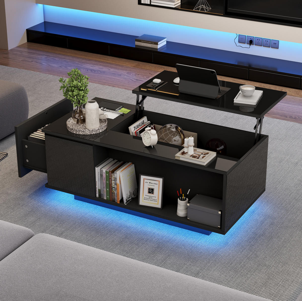 COUCHTISCH höhenverstellbar 100 x 50 x 40 cm Schwarz mit Stauraum - Schwarz, Holzwerkstoff (100/50/40cm) - Meubliv