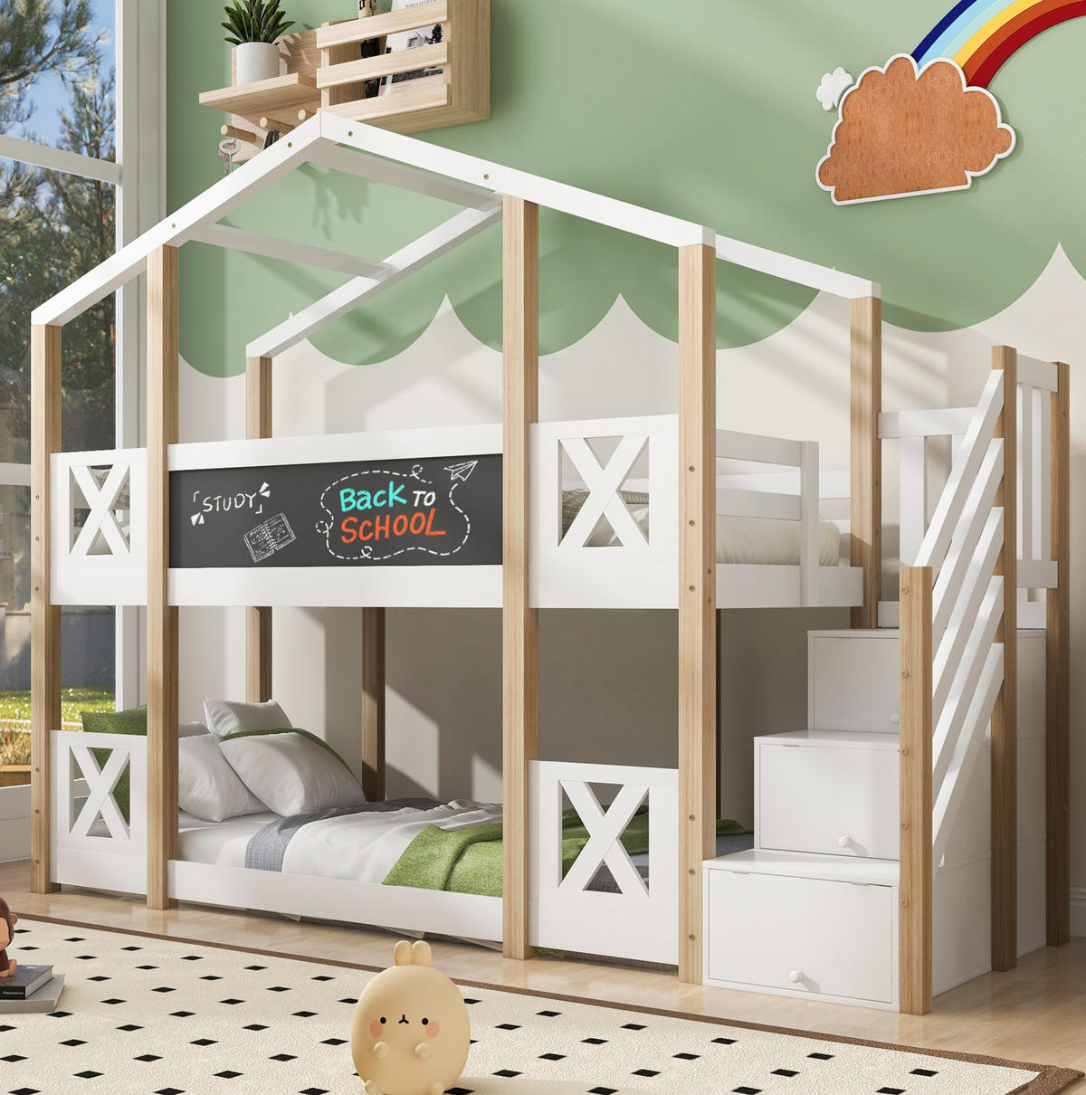 ETAGENBETT aus Holz 90x200 cm in Weiß mit Treppe & Stauraum - Weiß, Holz (90/200cm) - Modfu