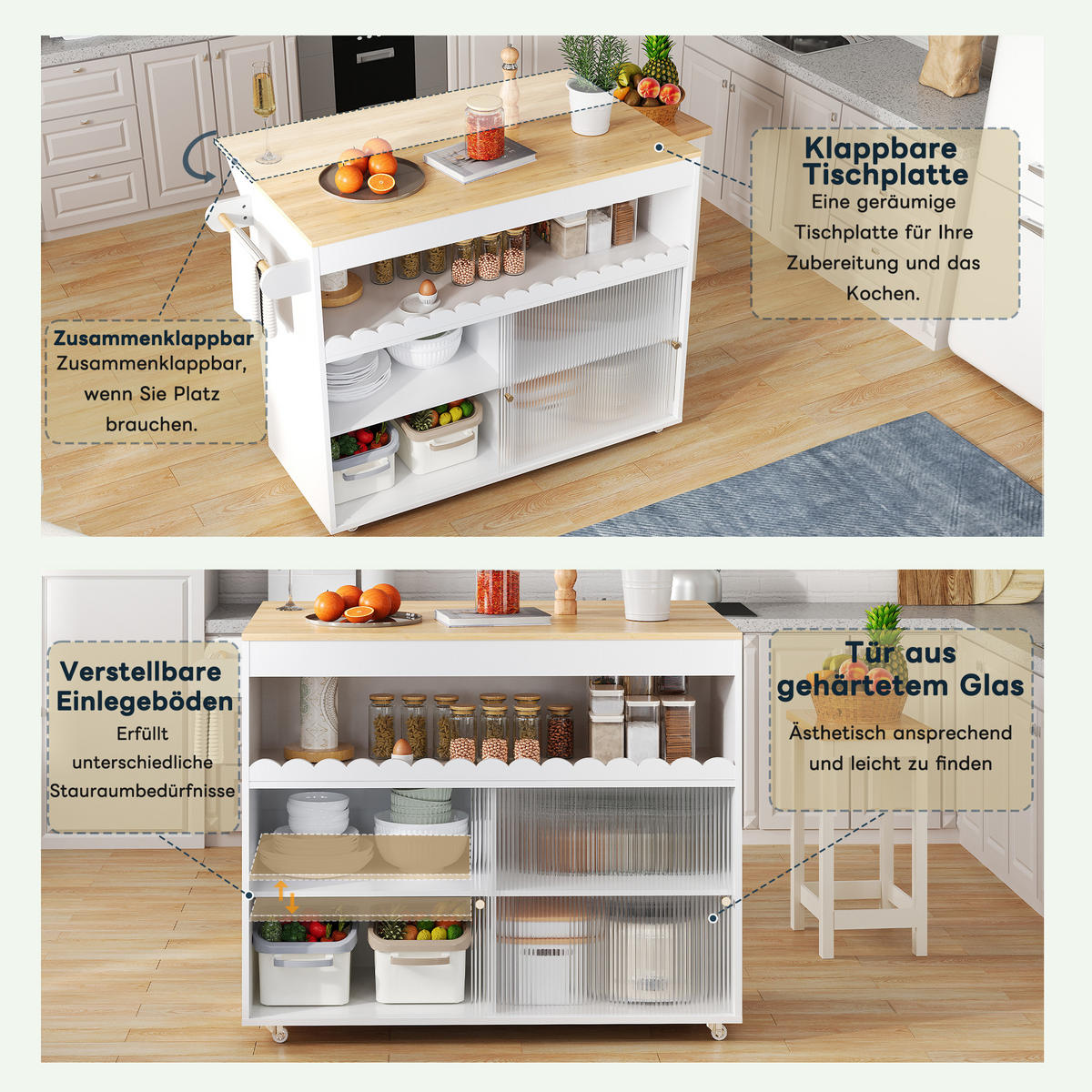 KÜCHENWAGEN in Weiß Buffet mit Schiebetüren,verstellbare Einlegeböden und Handtuchhalter, für Ess- - Weiß, Holzwerkstoff (122/91/69cm) - STILVORA