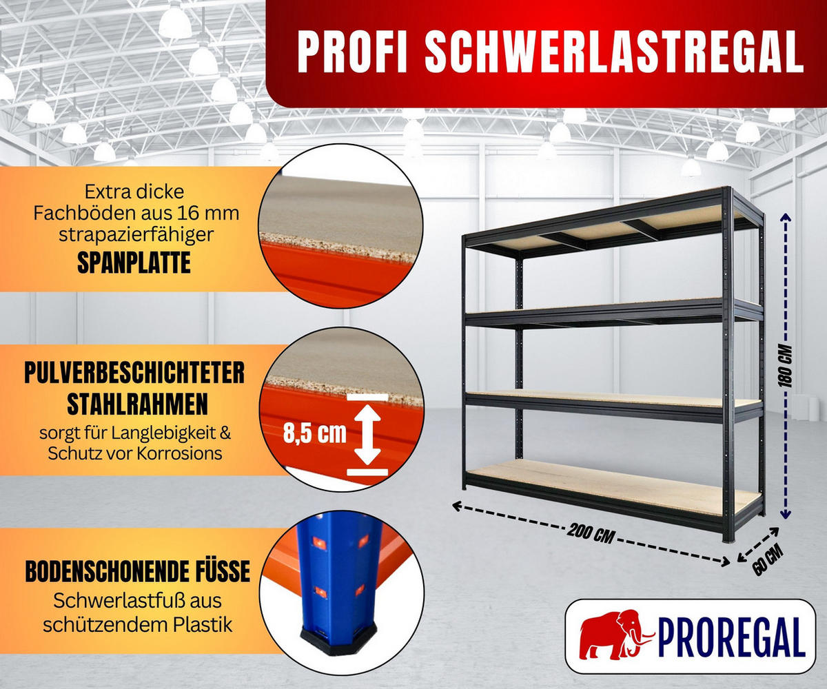 SCHWERLASTREGAL Dino 180x200x60cm Spanplatten-Ebenen Blau/Orange - Blau/Orange, Metall (200/180/60cm) - PROREGAL