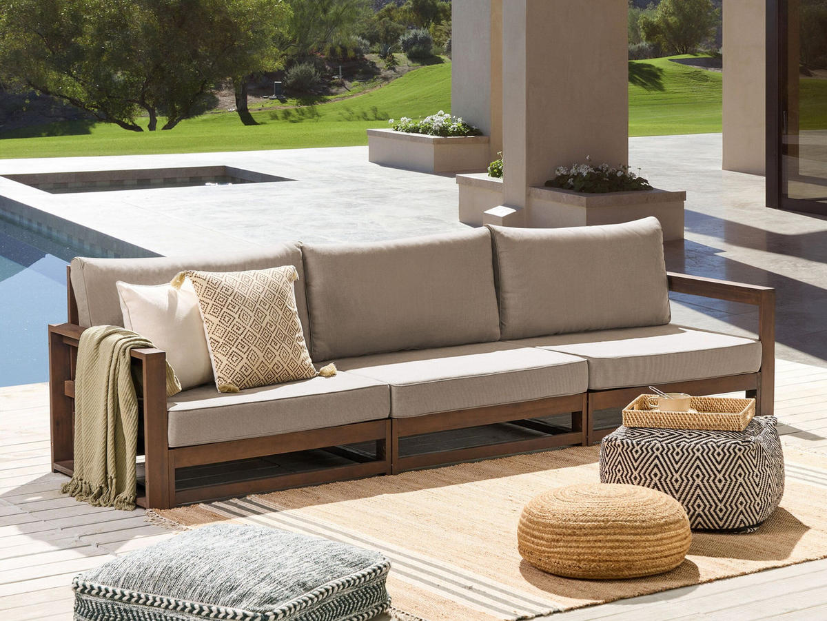 GARTENSOFA 3-Sitzer zertifiziertes Holz dunkelbraun modular Auflagen taupe Timor II - Beige/Braun, Holz (269/72/75cm) - Beliani