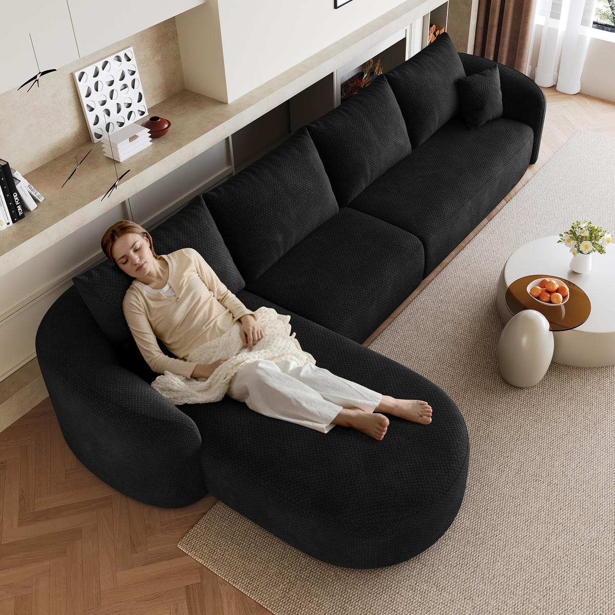 ECKSOFA 336/168/85 cm Schwarz Chenille mit Chaiselongue, Linke Seite - Schwarz, Textil (336/168cm) - Oxeza