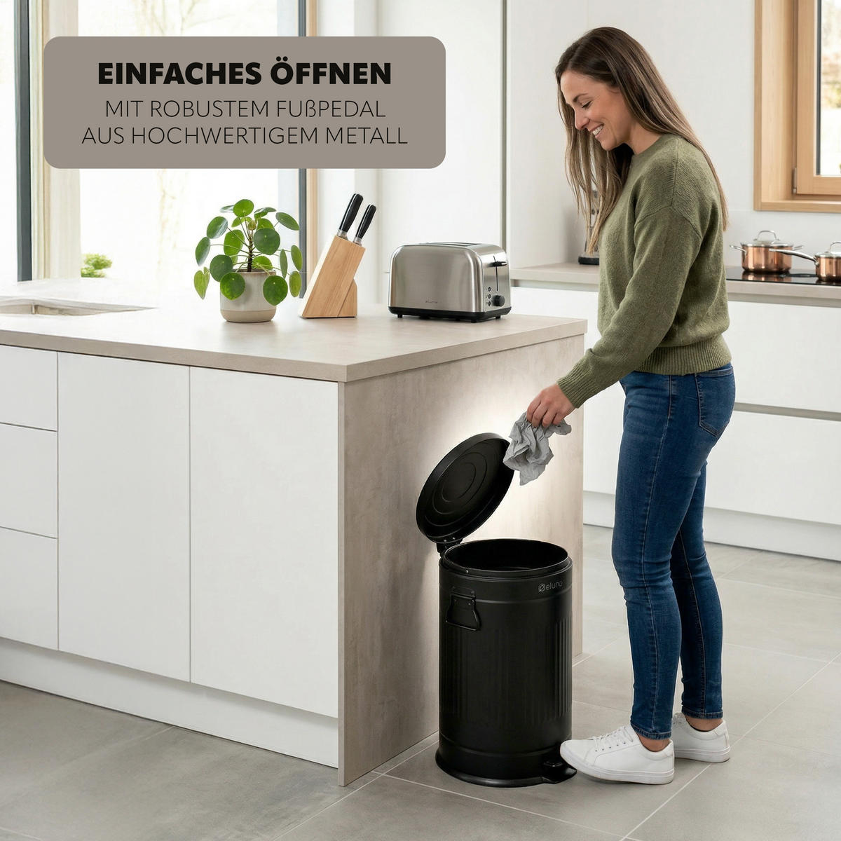 ABFALLEIMER Treteimer VINTAGE, 20 Liter, aus Metall, schwarz - Schwarz, Metall (30.5/47.5/38cm) - eluno