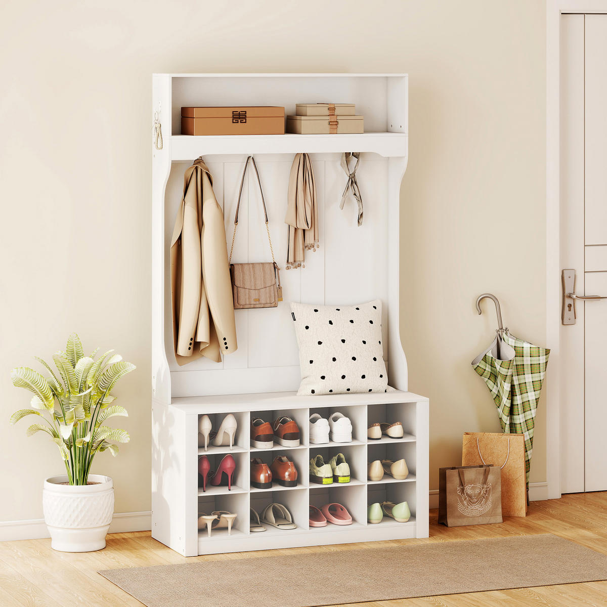GARDEROBENSTÄNDER mit Sitzbank Kleiderständer mit Schuhregal 6 Haken - Weiß, Holzwerkstoff (35/172.2/100cm) - HOMCOM
