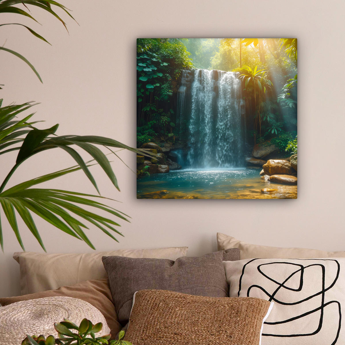 LEINWANDBILD Wasserfall - Dschungel - Sonne - Grün - Natur Wandbild Wohnzimmer 50x50 cm - Grün, Textil (50/50cm) - MuchoWow
