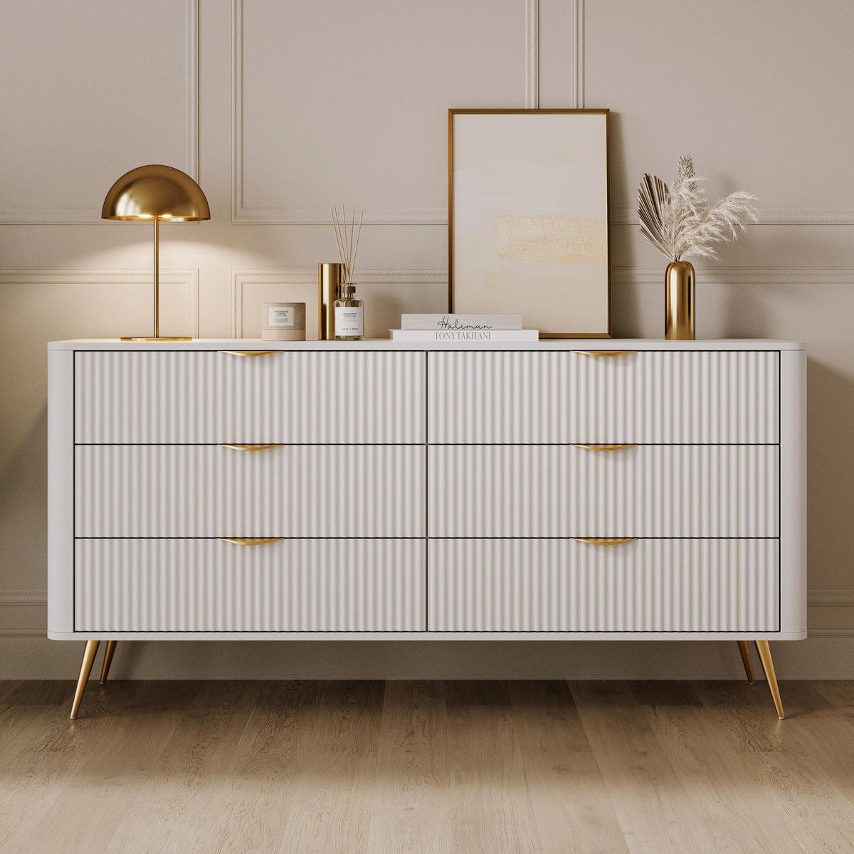 SIDEBOARD Vespasia 6S Beige 163,2/81,2/38 cm – Geriffelte Fronten - Goldfarben/Weiß, Holzwerkstoff/Metall (163/81.2/38cm) - AX Living