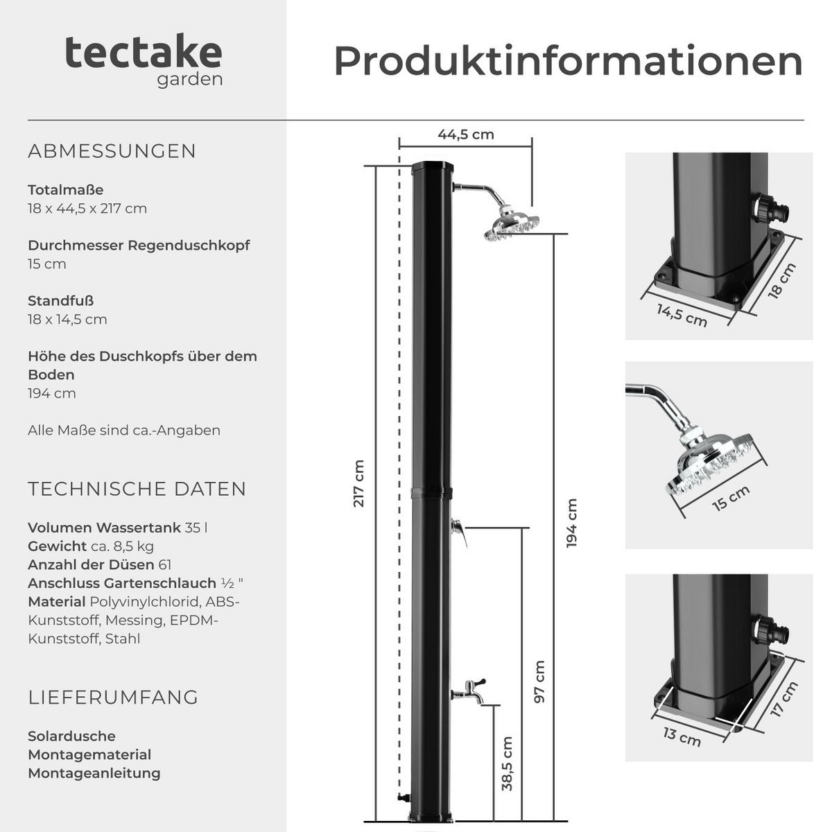 SOLARDUSCHE Ofanto,inklusive Wasserhahn,schwarz/silber - Silberfarben/Schwarz, Kunststoff (18/217/44.5cm) - tectake