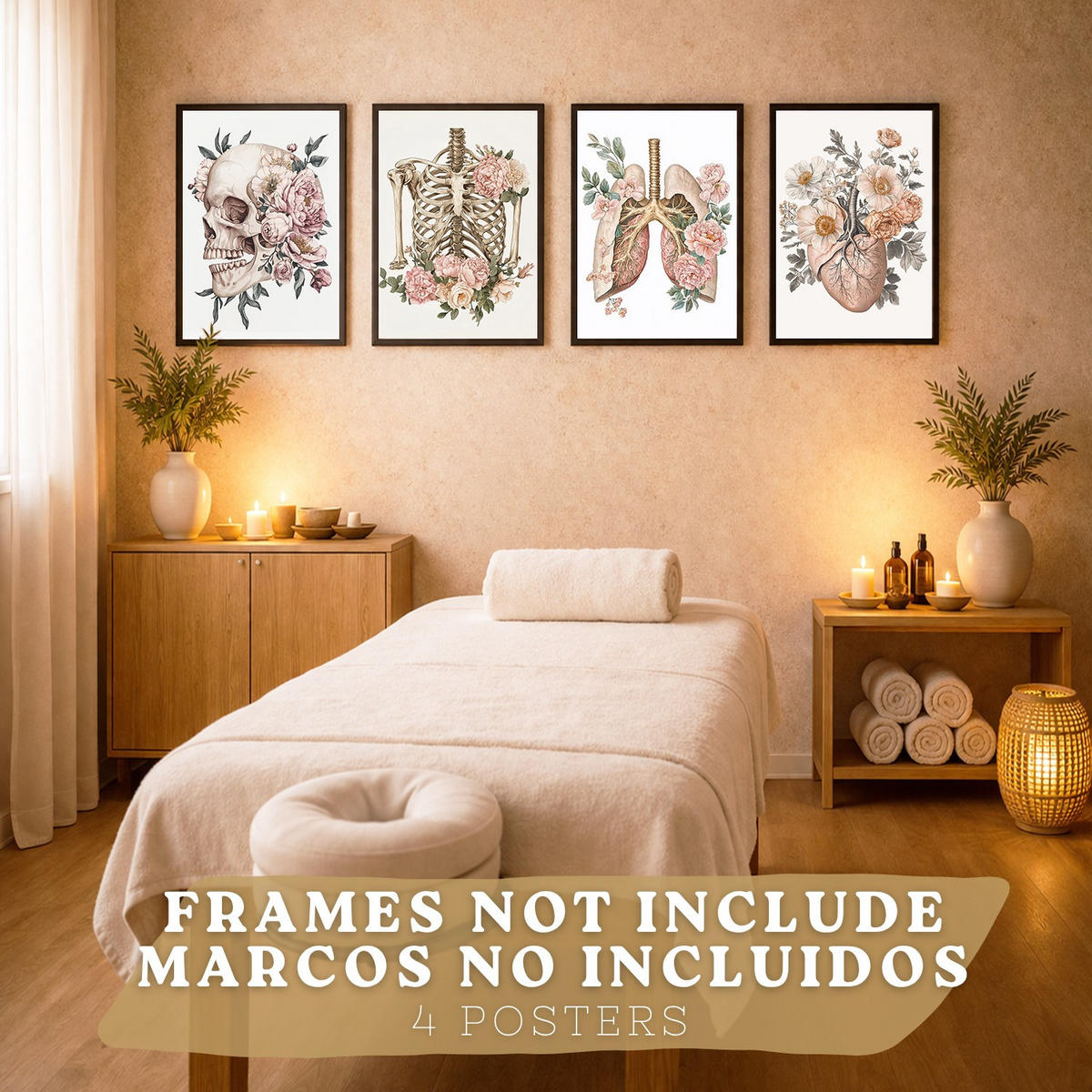 POSTER Set aus 4 Anatomie Mensch Florale Drucke und mit Schädel Herz Lungen und Skelett Botanische Aquarell Illustration dekoration Größe Rahmenlos A3 - Klar, Papier (29.7/42/3cm) - Nacnic