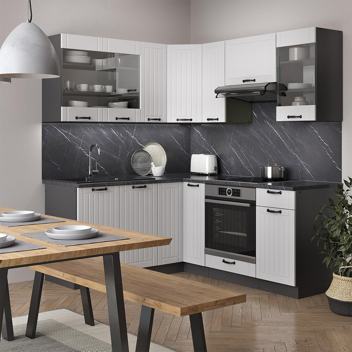 ECKKÜCHE Fame-Line Weiß Landhaus/Anthrazit 160 x 60 cm ohne AP - Anthrazit/Creme, Holzwerkstoff (190/81.6/46cm) - Vicco