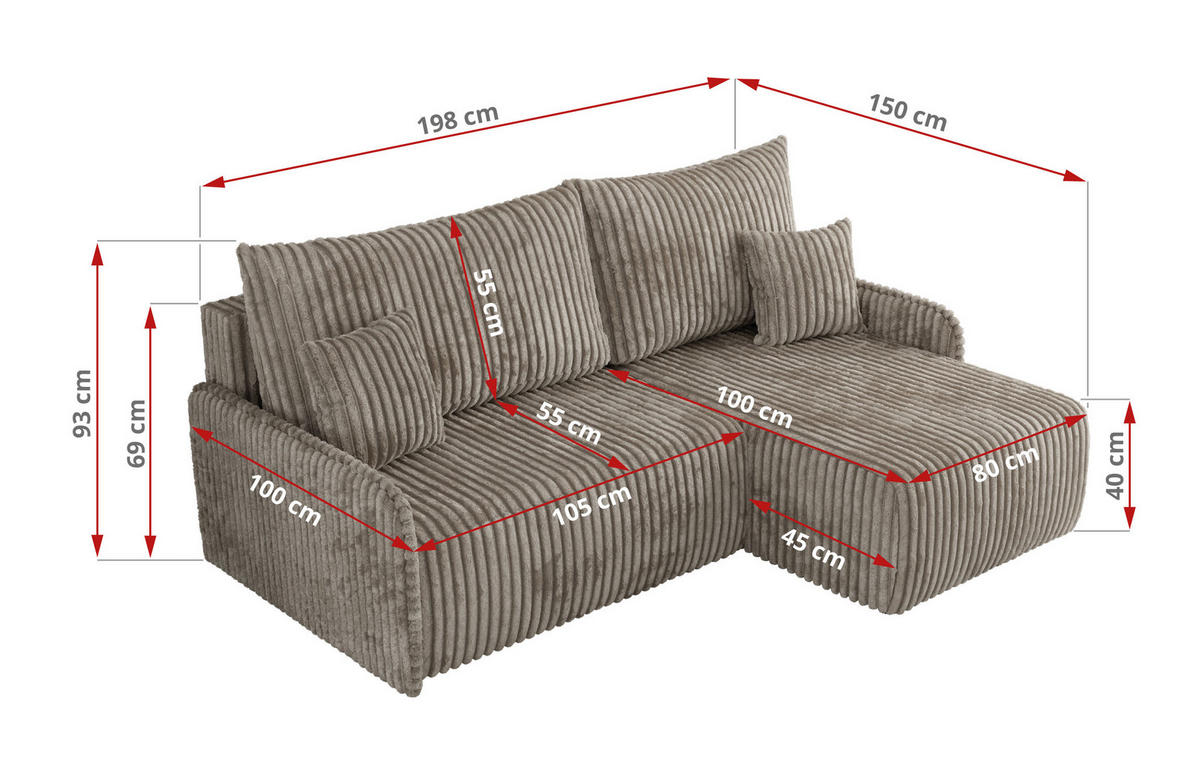 ECKSCHLAFSOFA ARPA L Hellbraun Cord - links - Hellbraun/Schwarz, Kunststoff/Textil (198/150cm) - MKS
