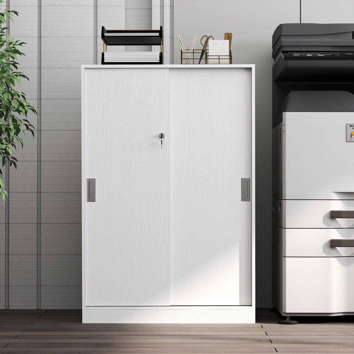 AKTENSCHRANK DE-14424 2 Schiebetüren abschließbar, 2 Böden Weiß - Weiß, Holzwerkstoff (40/120/80cm) - ComfortXL