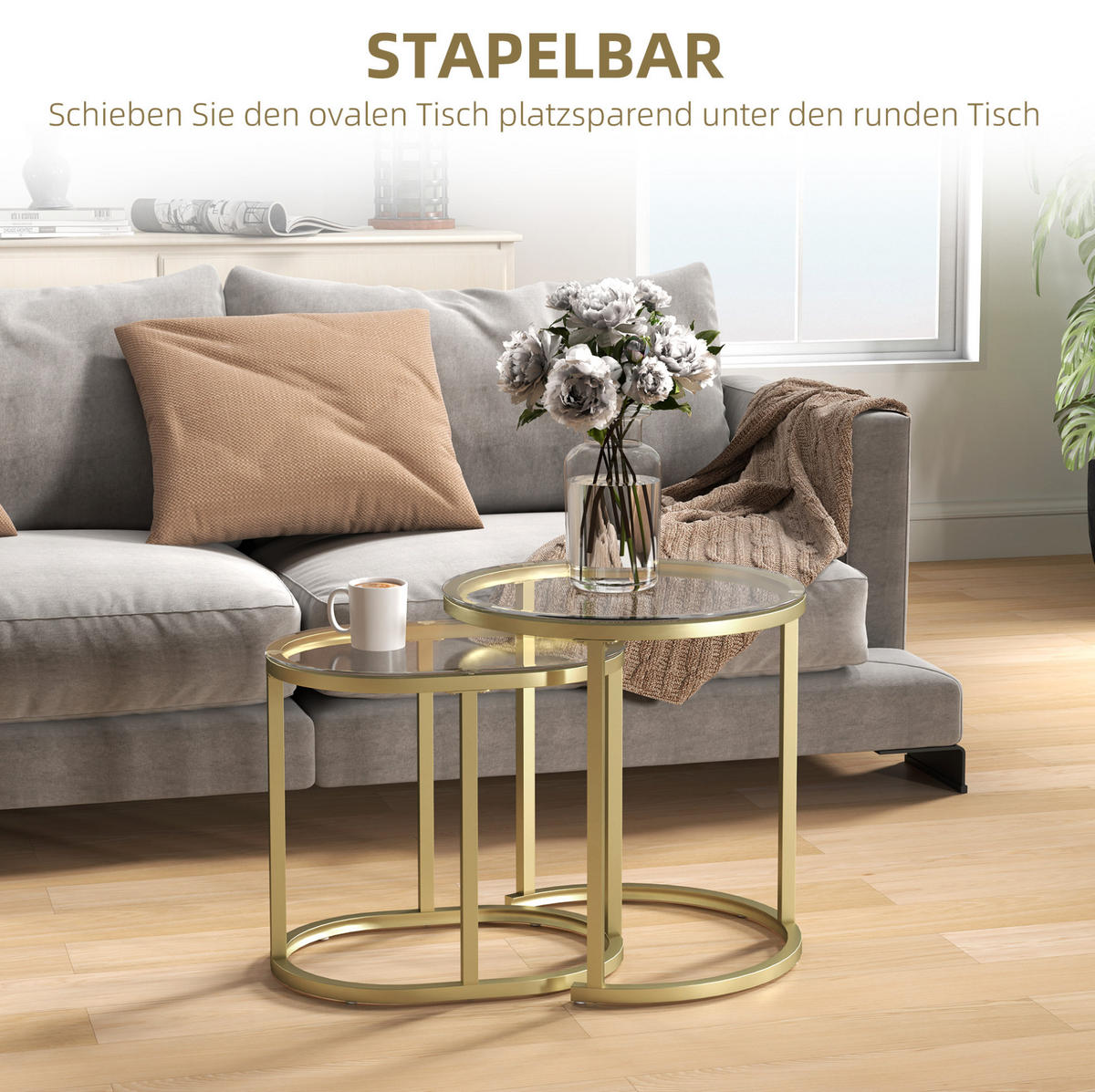 COUCHTISCH 2er-Set 50/50,5 cm & 60/36/43,5 cm stapelbar mit Glasplatte - Goldfarben, Metall (50/50/50.5cm) - BEAOK
