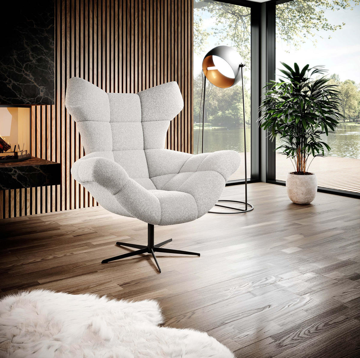 SESSEL SENSI Relaxstuhl mit 360° Drehung und Schwingfunktion – Lux-Schaumkissen, Weiß, 104x46x119 cm - Schwarz/Weiß, Holz/Textil (104/119/84cm) - DomoHome