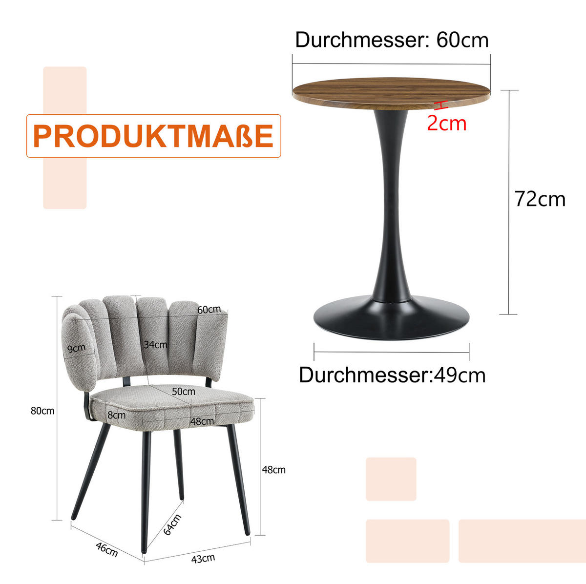 TISCH- UND STUHLSET rund 60 cm MDF mit 2 Stühlen - Hellgrau, Metall (60/72/60cm) - Meubliv