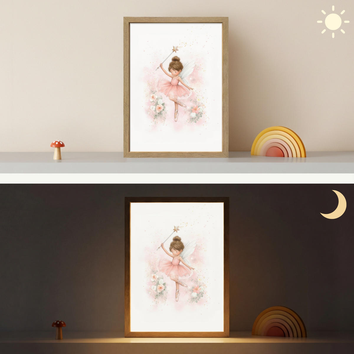NÁSTĚNNÁ LAMPA S AKUMULÁTOREM Baletka - Víla - Květiny - Růžová 30x40 cm - růžová, kompozitní dřevo (30/40/8cm) - OnlyWow