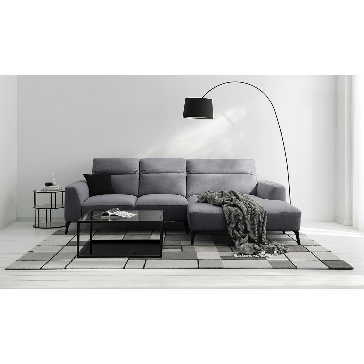 ECKSOFA mit Longchair - Schwarz/Grau, Textil/Metall (265/180cm) - home24