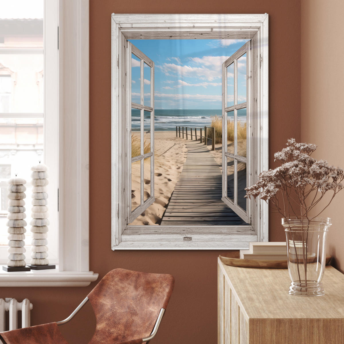 ACRYLGLASBILD Fenster - Meer - Küste - Natur - Ausblick - Strand - Wattenmeer 60x90 cm - Beige, Glas (60/90cm) - MuchoWow