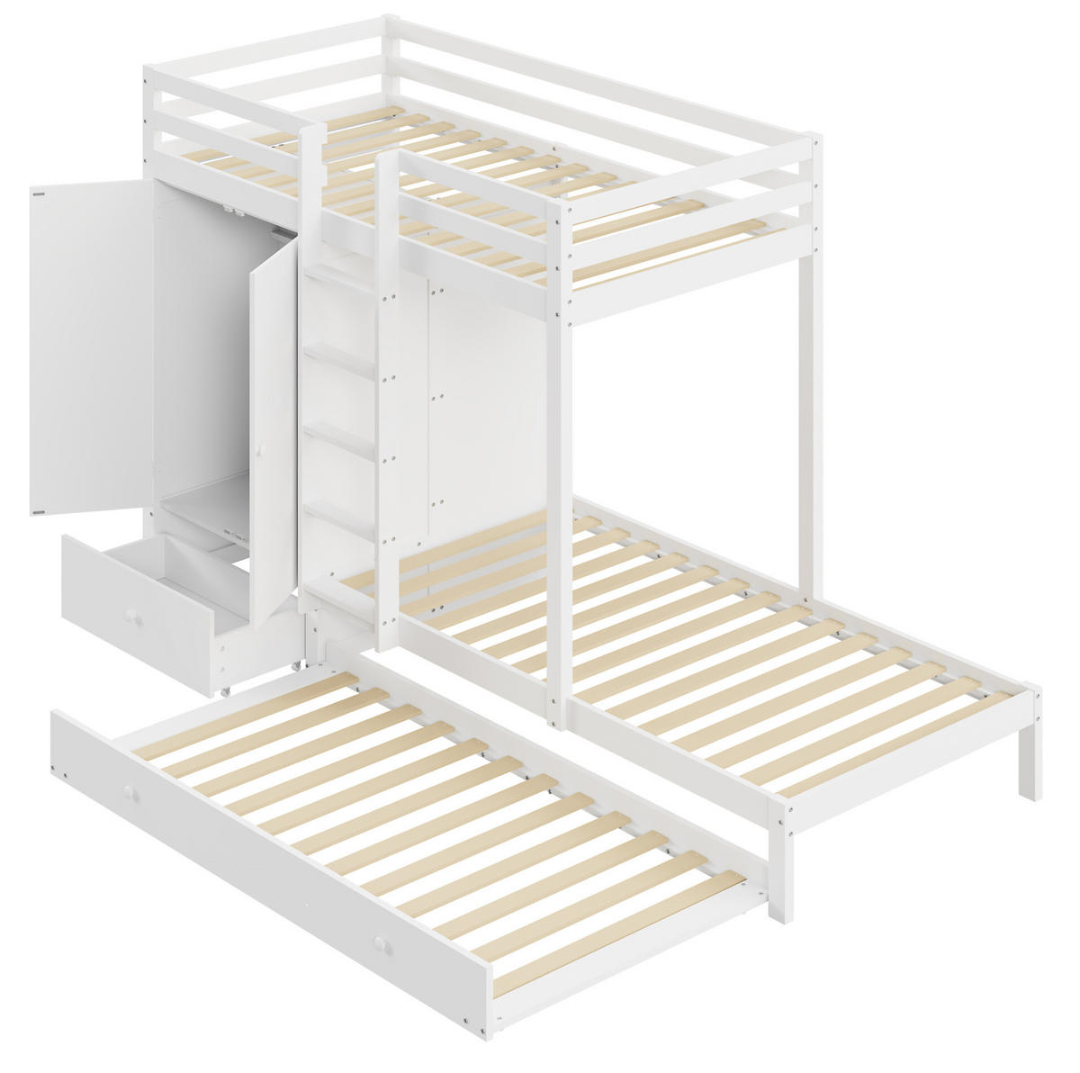 ETAGENBETT 90/200 cm aus Massivholz mit Ausziehbett und Kleiderschrank - Weiß, Holz (90/200cm) - OKWISH