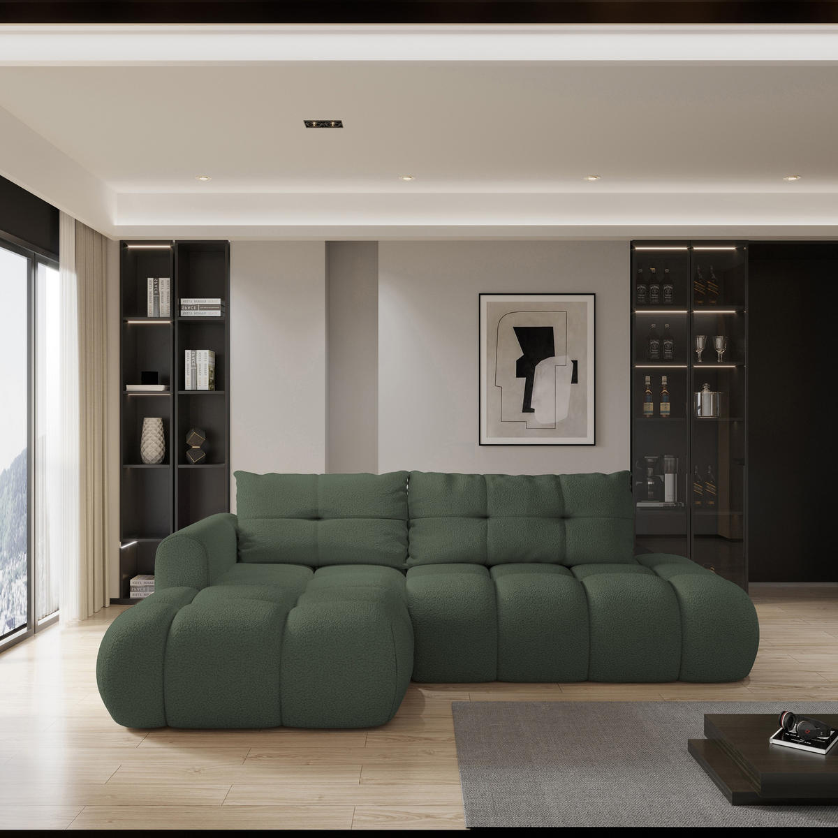 ECKSOFA FLUMA L-S Grün Boucle-Stoff mit Schlaffunktion - Grün, Holz (279/158cm) - MASSENO