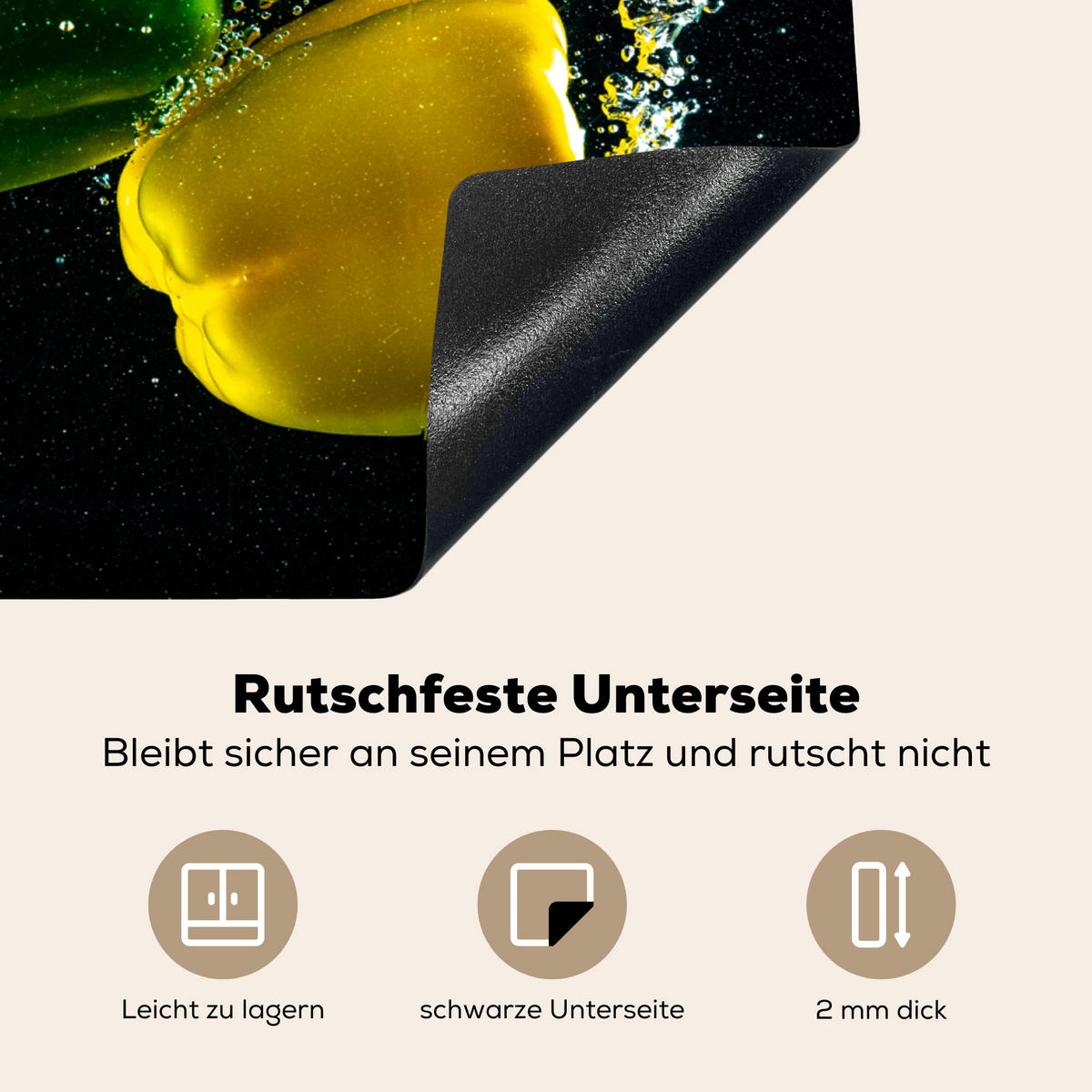 HERDABDECKPLATTE Paprika - Gemüse - Wasser - Schwarz - Rot - Grün - Gelb Herdabdeckung Induktionsfeld 65x52 cm - Multicolor, Kunststoff (65/52/0.2cm) - MuchoWow