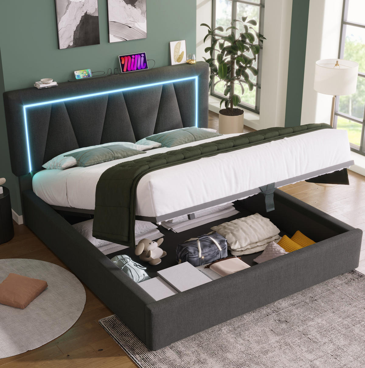 POLSTERBETT 160/200 cm Grau aus Leinen mit Matratze, Stauraum und LED - Grau, Textil (160/200cm) - OKMYHOME