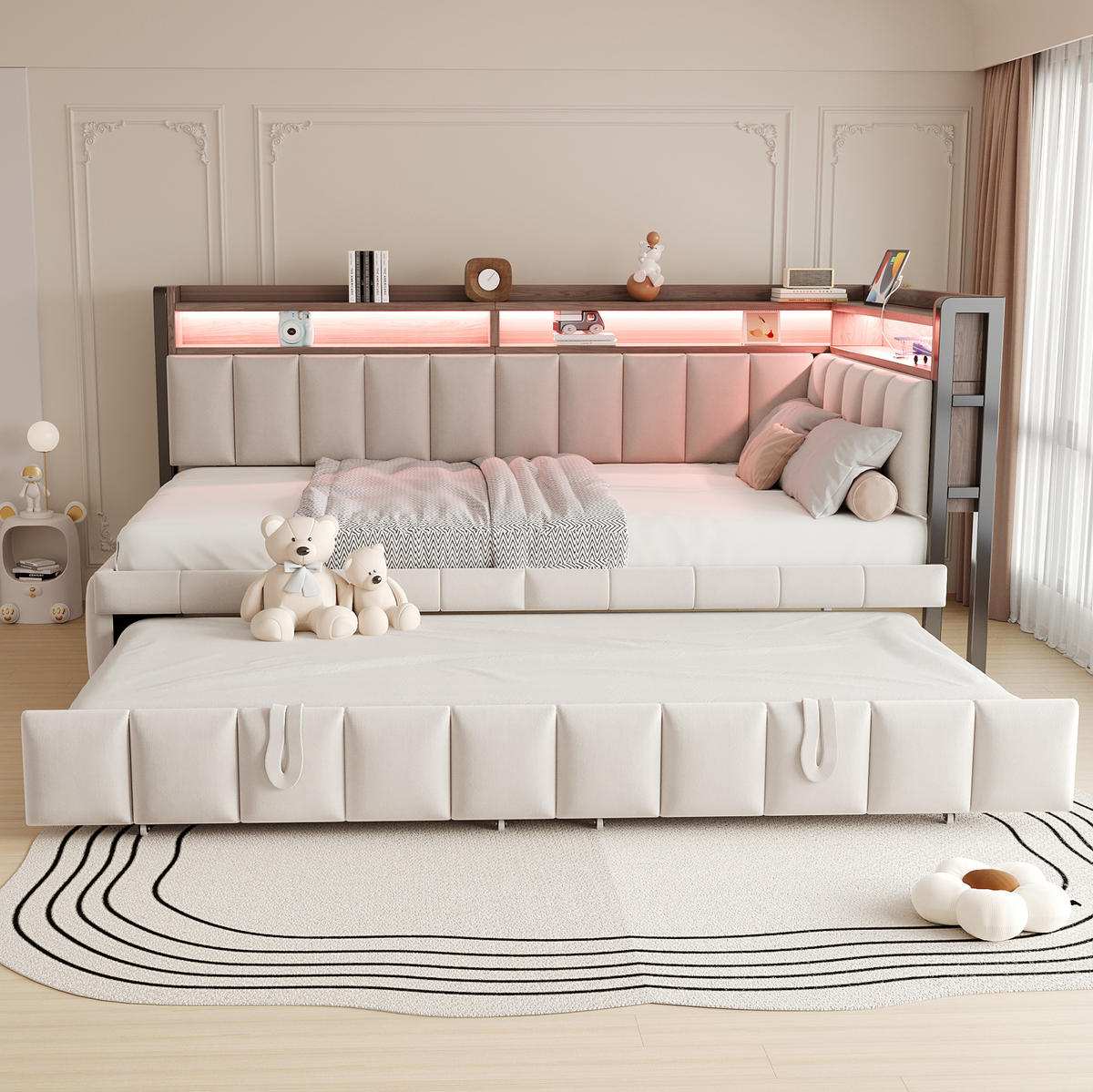 POLSTERBETT Schlafsofa Samt 90x200 cm Beige mit Ausziehbett, LED-Beleuchtung, USB- und Typ-C-Anschlüssen - Beige, Textil (90/200cm) - Modfu