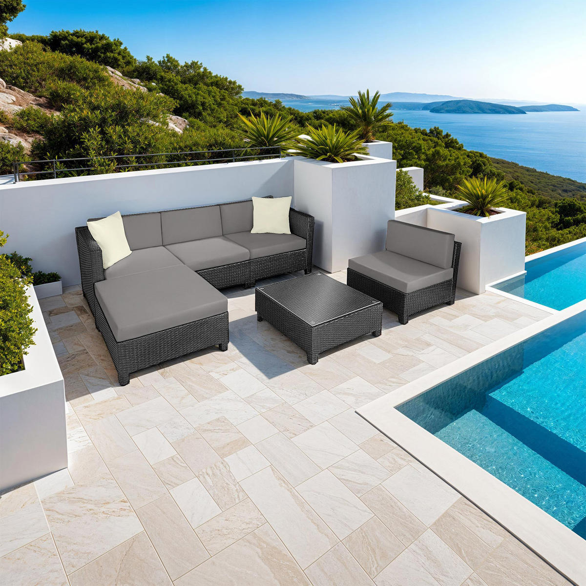 RATTANLOUNGE , mit Sicherheitsglasplatte, schwarz - Schwarz, Kunststoff - tectake