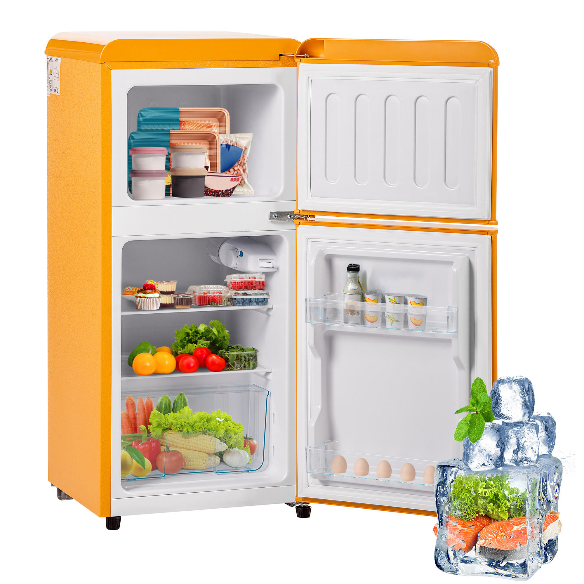 RETRO KÜHLSCHRANK 88,8cm 60L Doppeltür Gefrier LED E Klasse - Gelb, Kunststoff (45.5/42.5/88.8cm) - FLIEKS