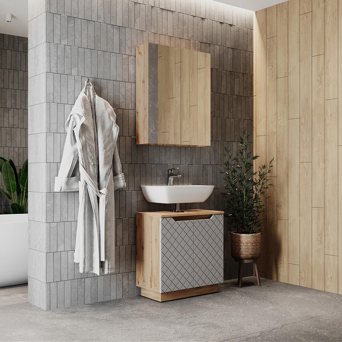 KOUPELNOVÝ NÁBYTEK Lotta Dub/šedá se strukturou dlaždic - šedá, kompozitní dřevo (59.8/62.1/32cm) - Vicco